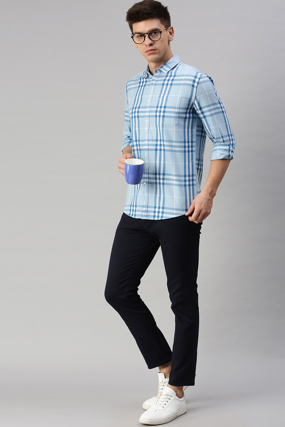 CP BRO Men's Cotton Full Sleeve Checked Slim Fit Collar Neck Light Blue Color Woven Shirt | Sbo1-28 B
