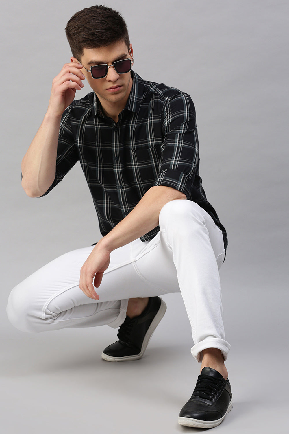 Classic Polo Men's Cotton Full Sleeve Checked Slim Fit Polo Neck Navy Color Woven Shirt | So1-160 B