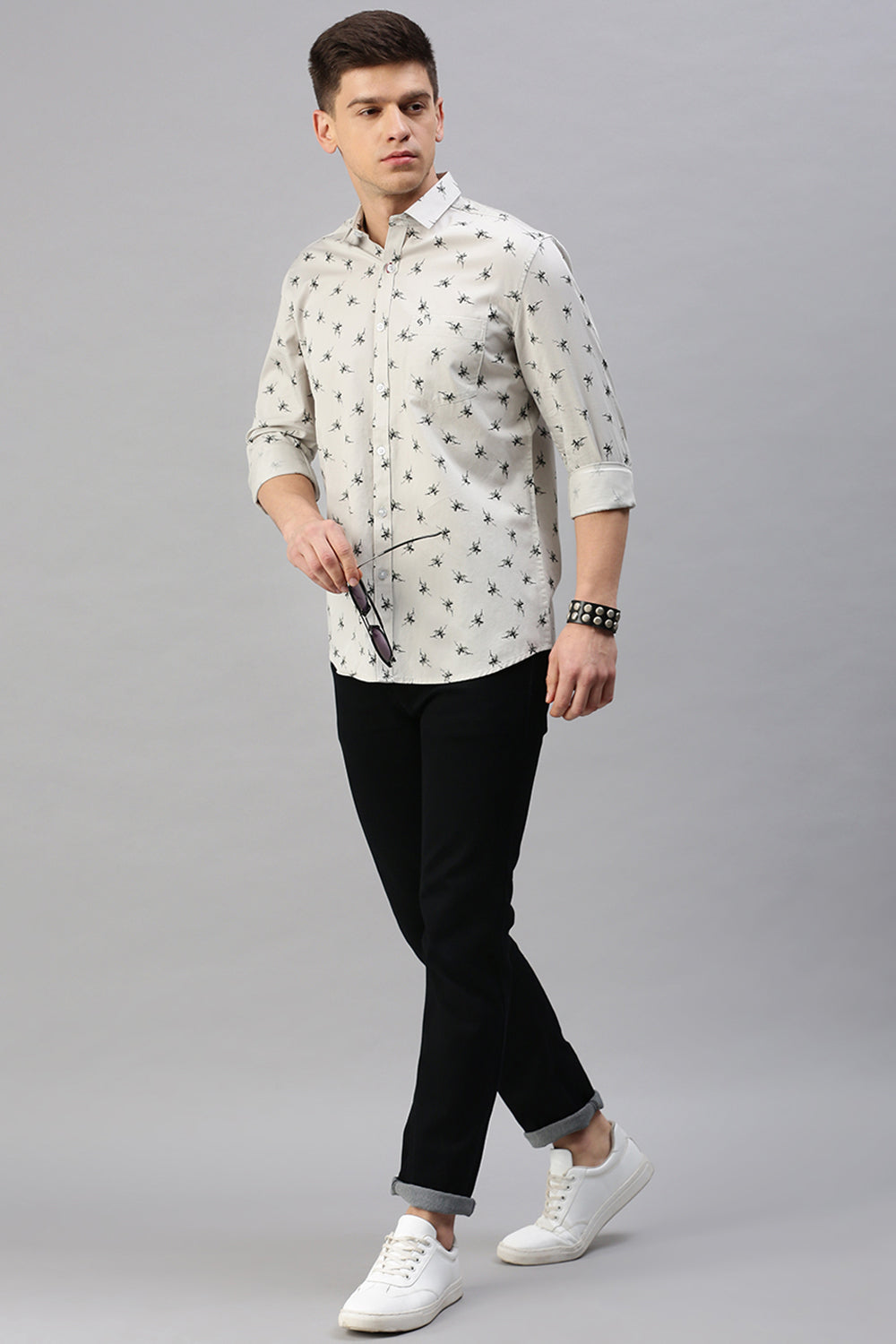 Classic Polo Men's Cotton Full Sleeve Printed Slim Fit Polo Neck Black Color Woven Shirt | So1-13 C