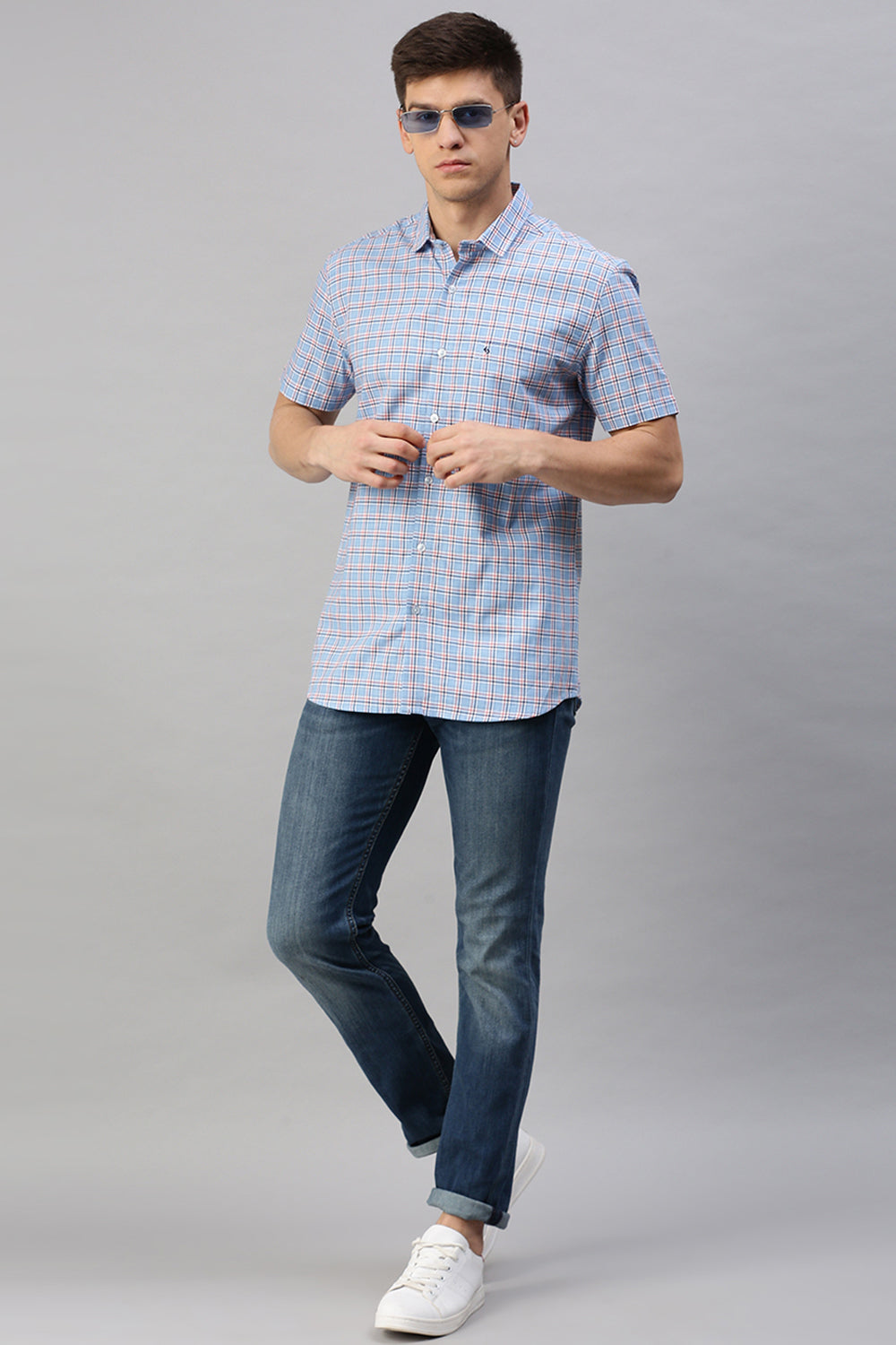 Classic Polo Men's Cotton Half Sleeve Checked Slim Fit Polo Neck Blue Color Woven Shirt | So1-66 B