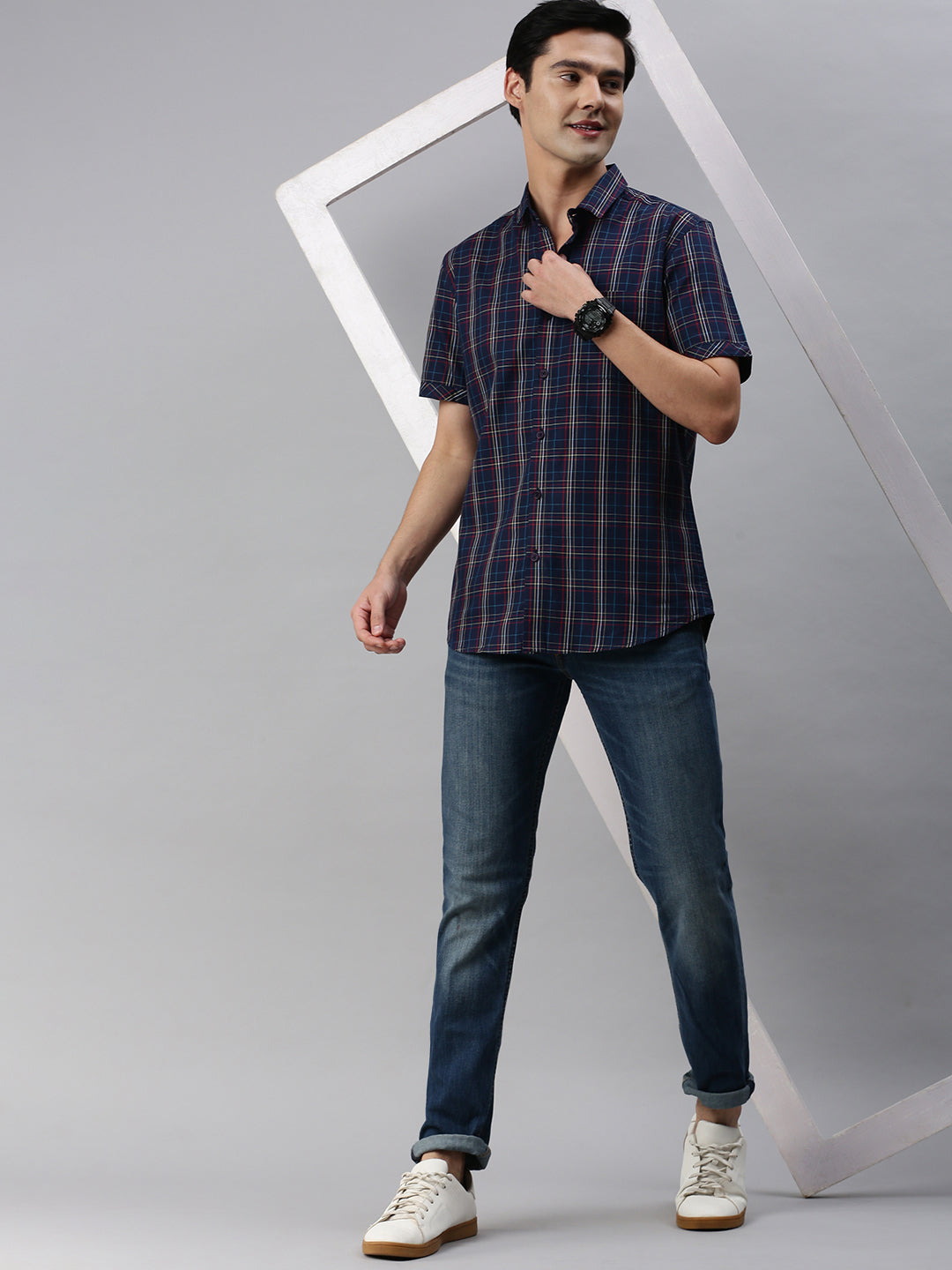 Classic Polo Men's Cotton Half Sleeve Checked Slim Fit Collar Neck Navy Blue Color Woven Shirt | So1-97 B