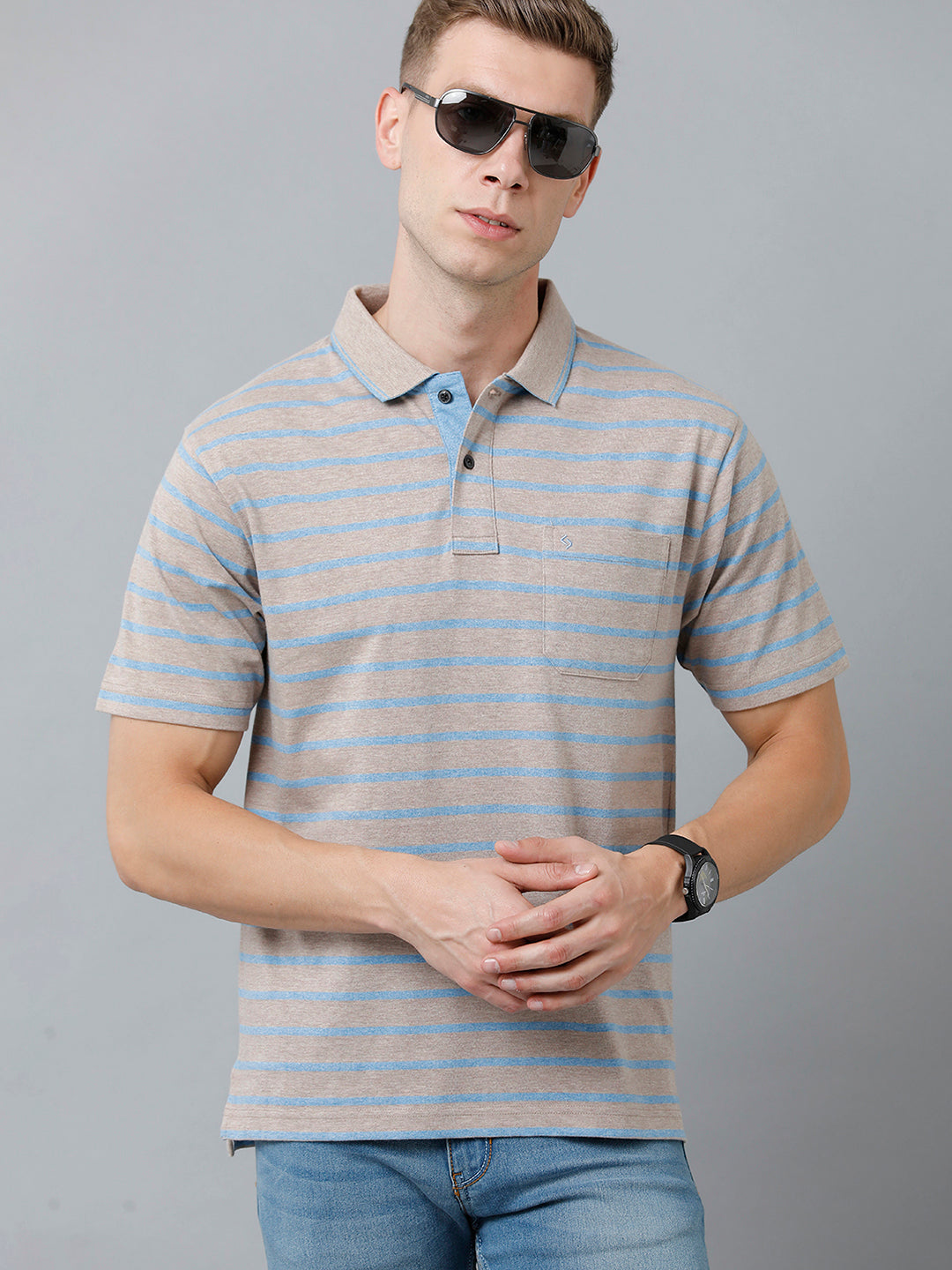 Classic Polo Men's Cotton Blend Half Sleeve Striped Authentic Fit Polo Neck Light Grey Color T-Shirt | Mel - 222 B