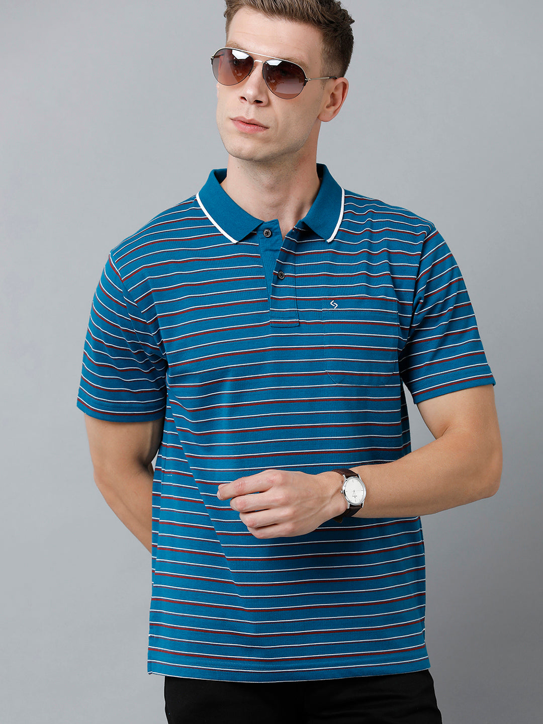 Classic Polo Men's Cotton Half Sleeve Striped Authentic Fit Polo Neck Royal Blue Color T-Shirt | Feeders - 218 B