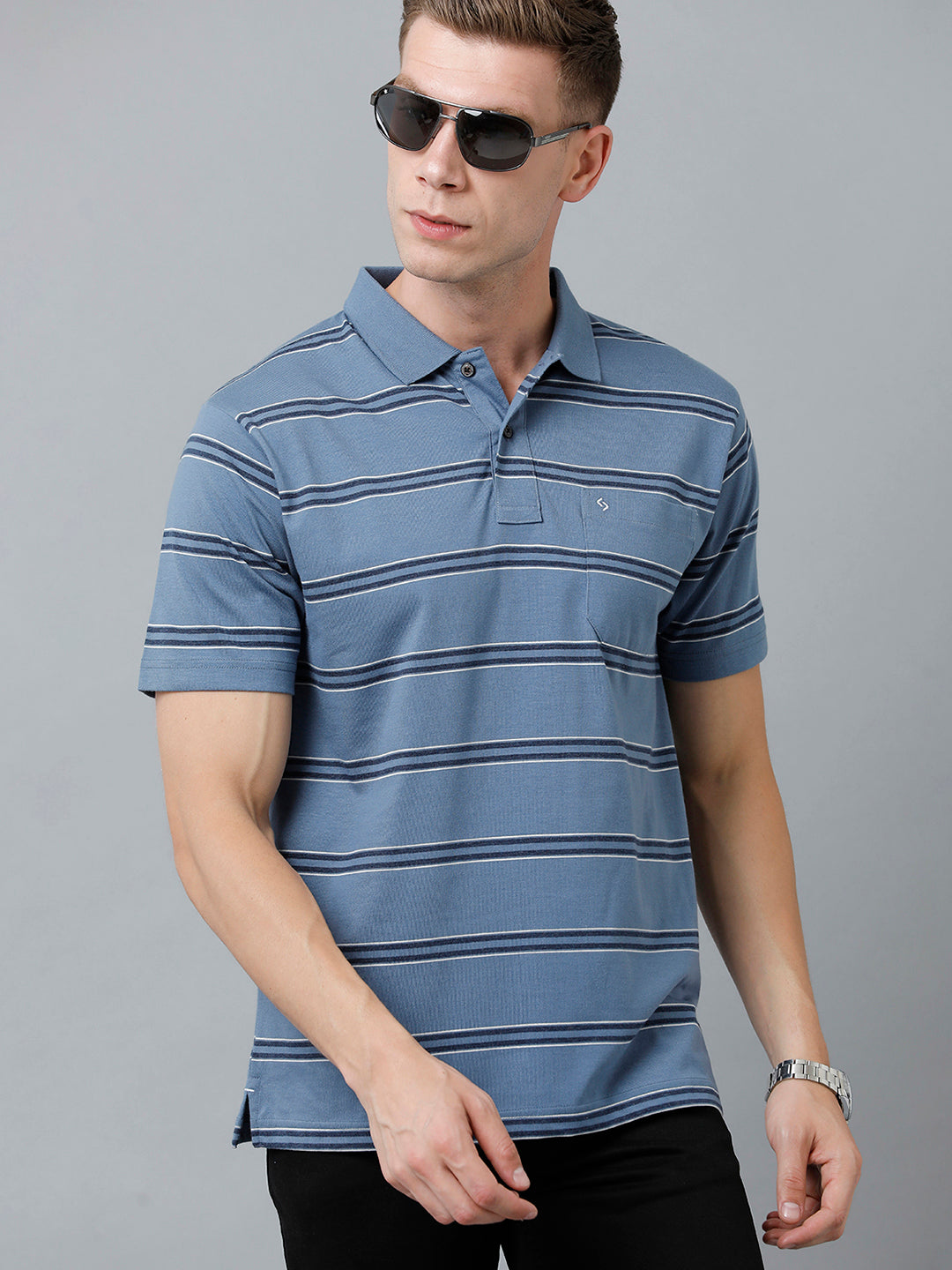 Classic Polo Men's Cotton Blend Half Sleeve Striped Authentic Fit Polo Neck Blue Color T-Shirt | Avon - 524 A