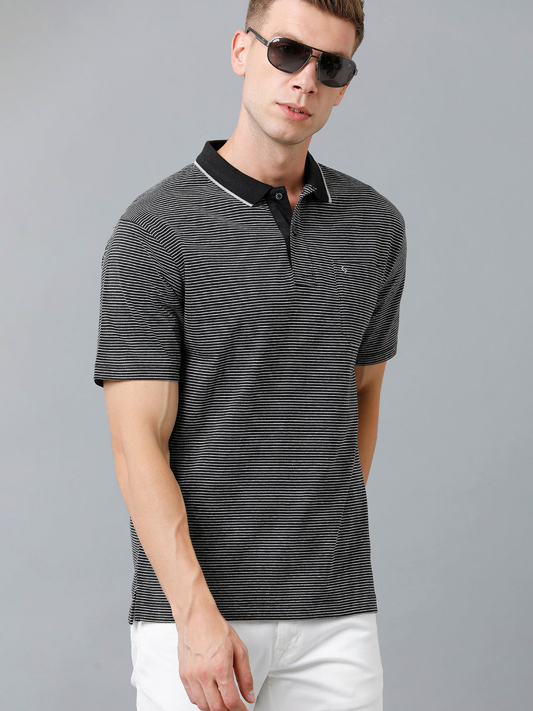Classic Polo Men's Cotton Half Sleeve Striped Authentic Fit Polo Neck Black Color T-Shirt | Feeders - 222 B