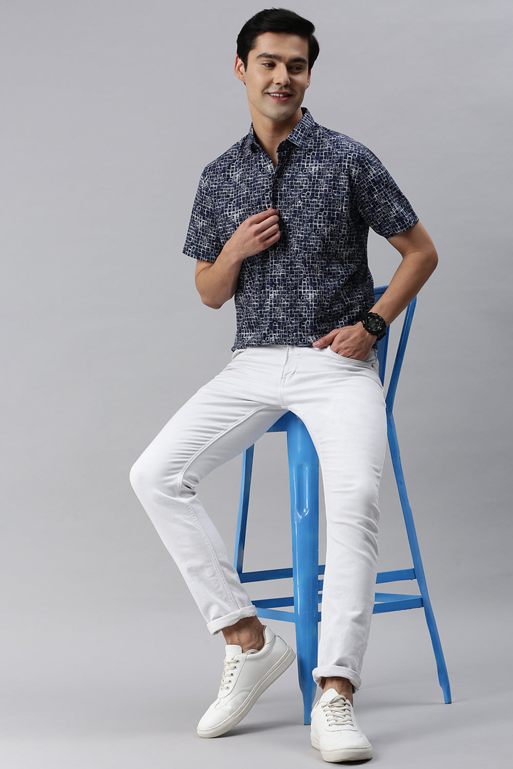 Classic Polo Men's Cotton Half Sleeve Printed Slim Fit Polo Neck Navy Blue Color Woven Shirt | So1-156 A