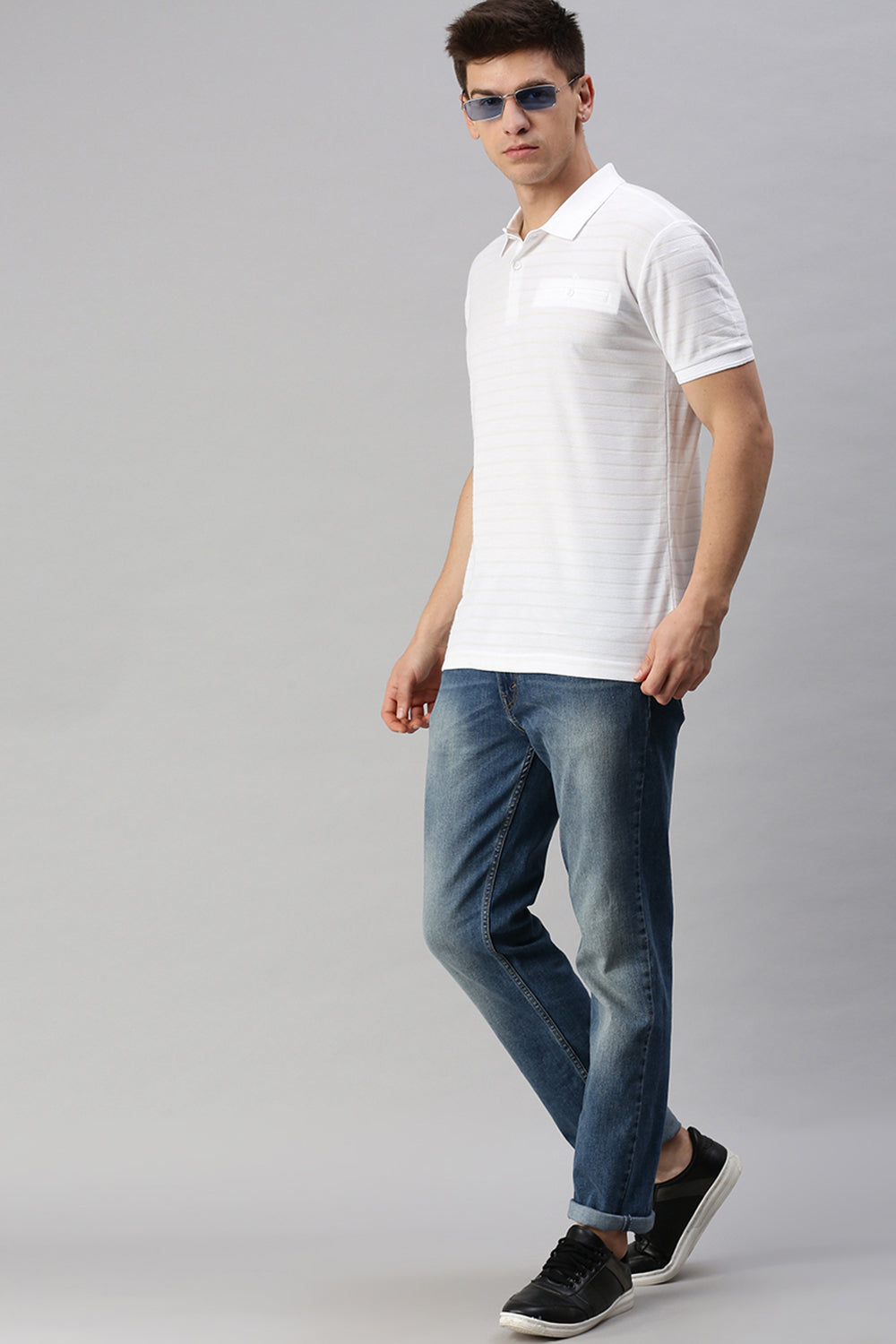 Classic Polo Men's Cotton Half Sleeve Striped Slim Fit Polo Neck White Color T-Shirt | Prm - 755 B