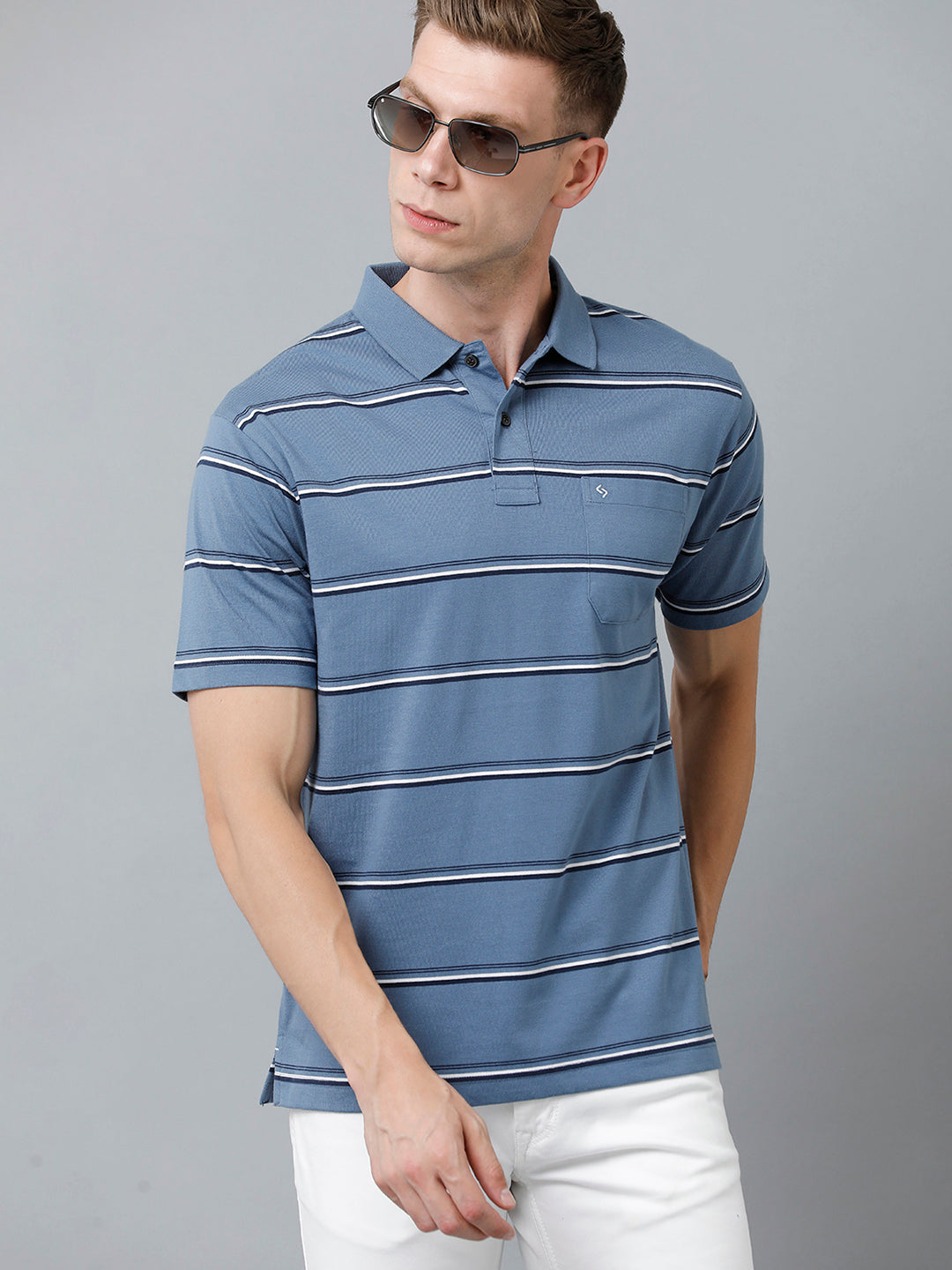 Classic Polo Men's Cotton Blend Half Sleeve Striped Authentic Fit Polo Neck Blue Color T-Shirt | Avon - 517 A