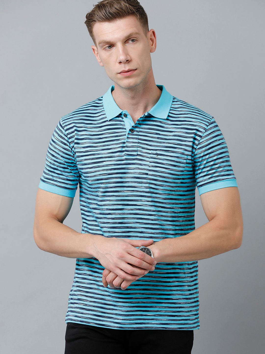 Classic Polo Men's Cotton Half Sleeve Striped Authentic Fit Polo Neck Sky Blue Color T-Shirt | Nexon - 01 A