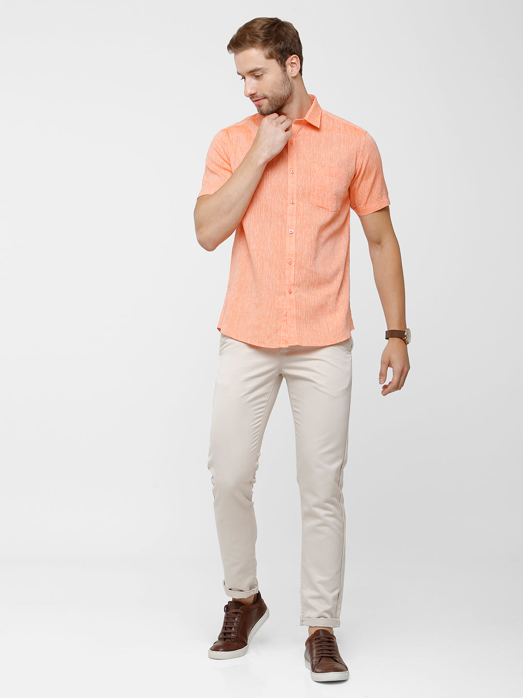Classic Polo Mens Linen Cotton Solid Woven Shirt - Porsh-Orange HS