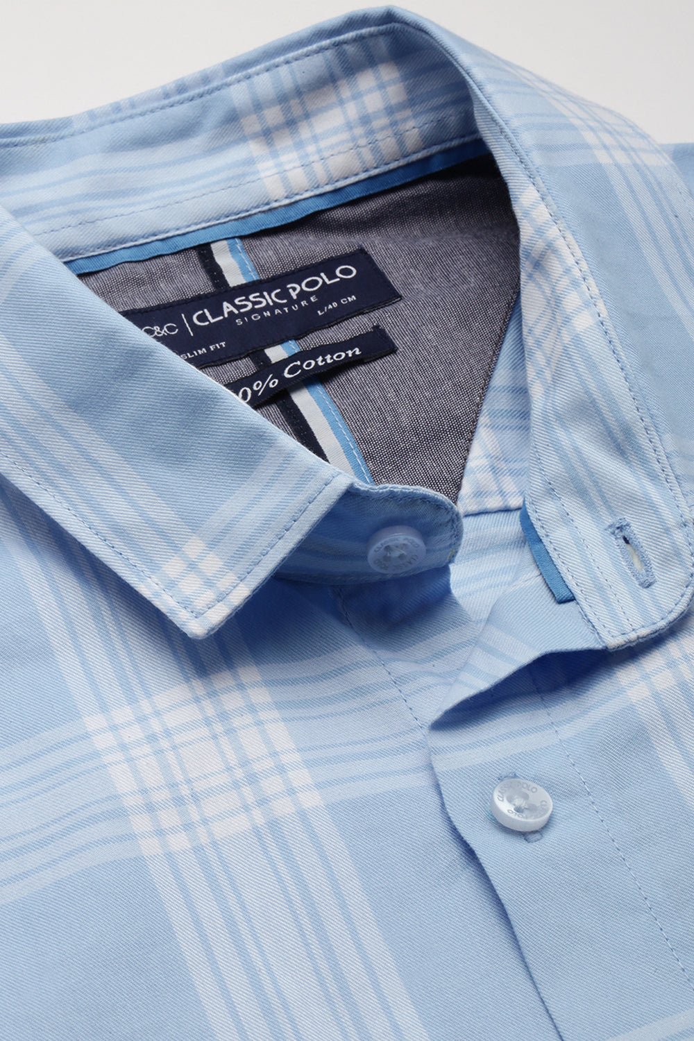 Classic Polo Men's Cotton Full Sleeve Checked Slim Fit Polo Neck Light Blue Color Woven Shirt | So1-46 A