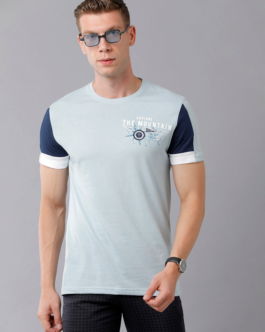CP BRO Men's Cotton Color Block Half Sleeve Slim Fit Round Neck Sky Blue Color T-Shirt | Brcn - 491 A