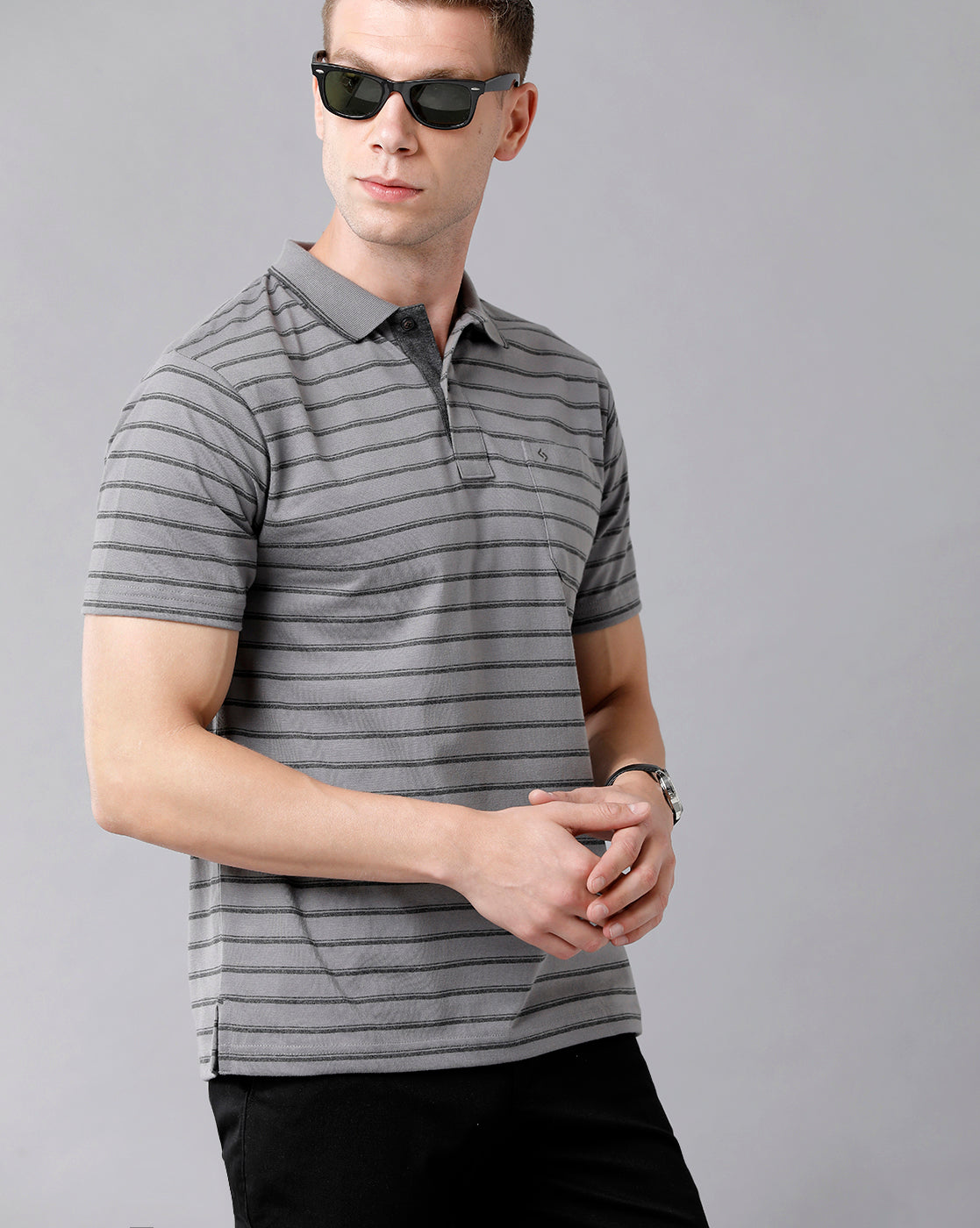 Classic Polo Men's Cotton Striped Half Sleeve Regular Fit Polo Neck Grey Color T-Shirt | Feeders - 208 B
