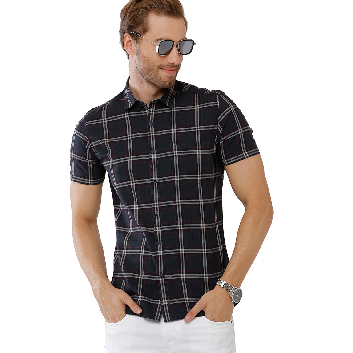Classic Polo Bro Mens 100% Cotton Checked Half Sleeve Slim Fit Polo Neck Blue Color Woven Shirt (SBN1-68 A-HS-CHK-BSL) Classic Polo 