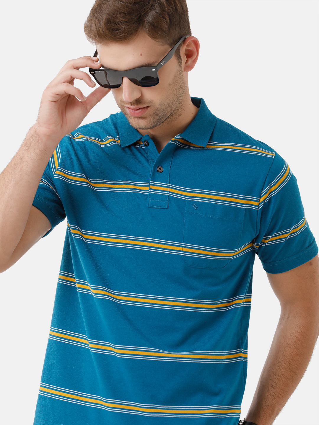 Classic Polo Mens Cotton Blend Striped Half Sleeve Authentic Fit Polo Neck Azure Blue Color T-Shirt | Avon 493 A
