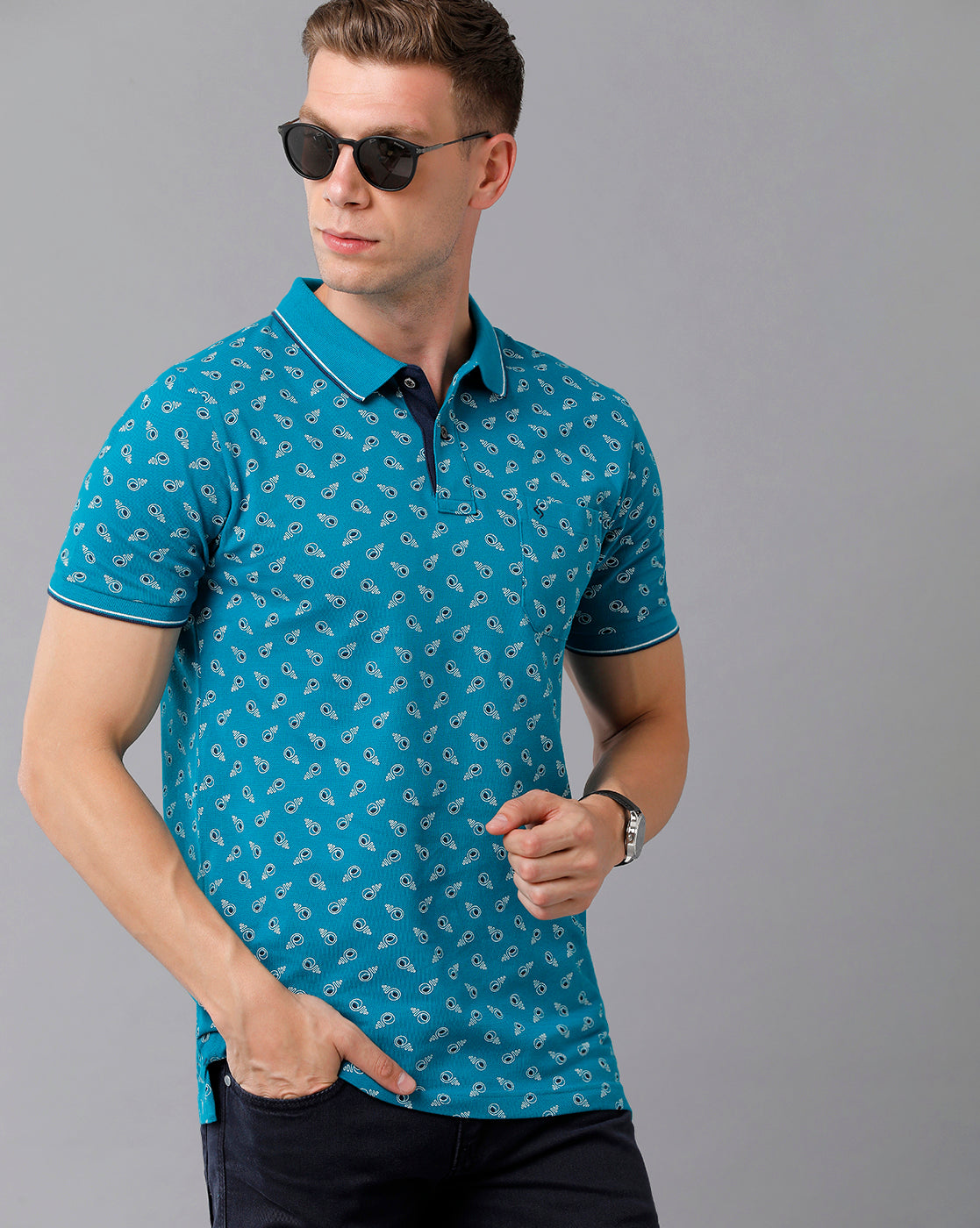 Classic Polo Men's Cotton Printed Half Sleeve Slim Fit Polo Neck Blue Color T-Shirt | Beau - 175 B