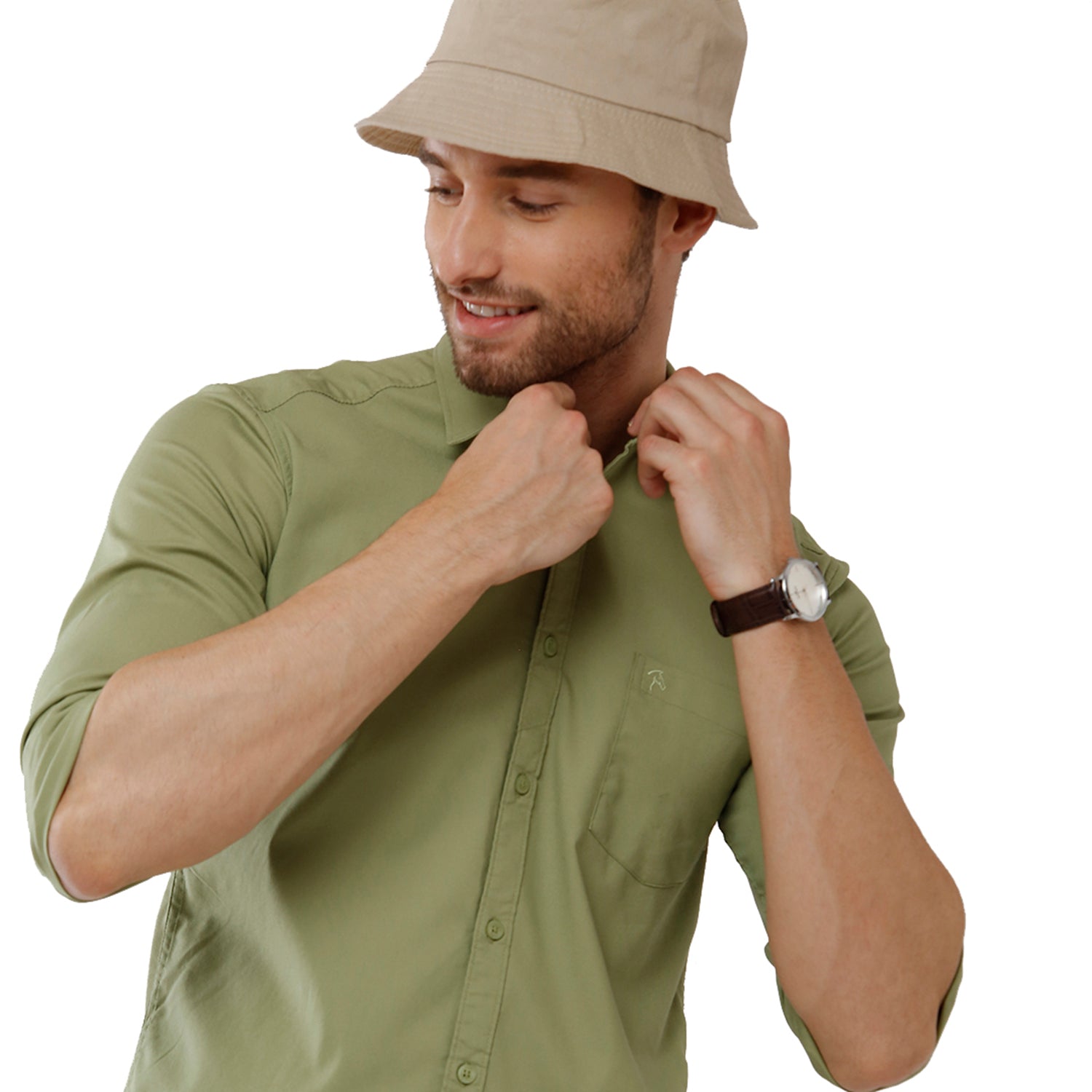 Classic Polo Bro Mens 100% Cotton Solid Full Sleeve Slim Fit Polo Neck Green Color Woven Shirt (SBN1-70 C-FS-SLD-BSL) Classic Polo 
