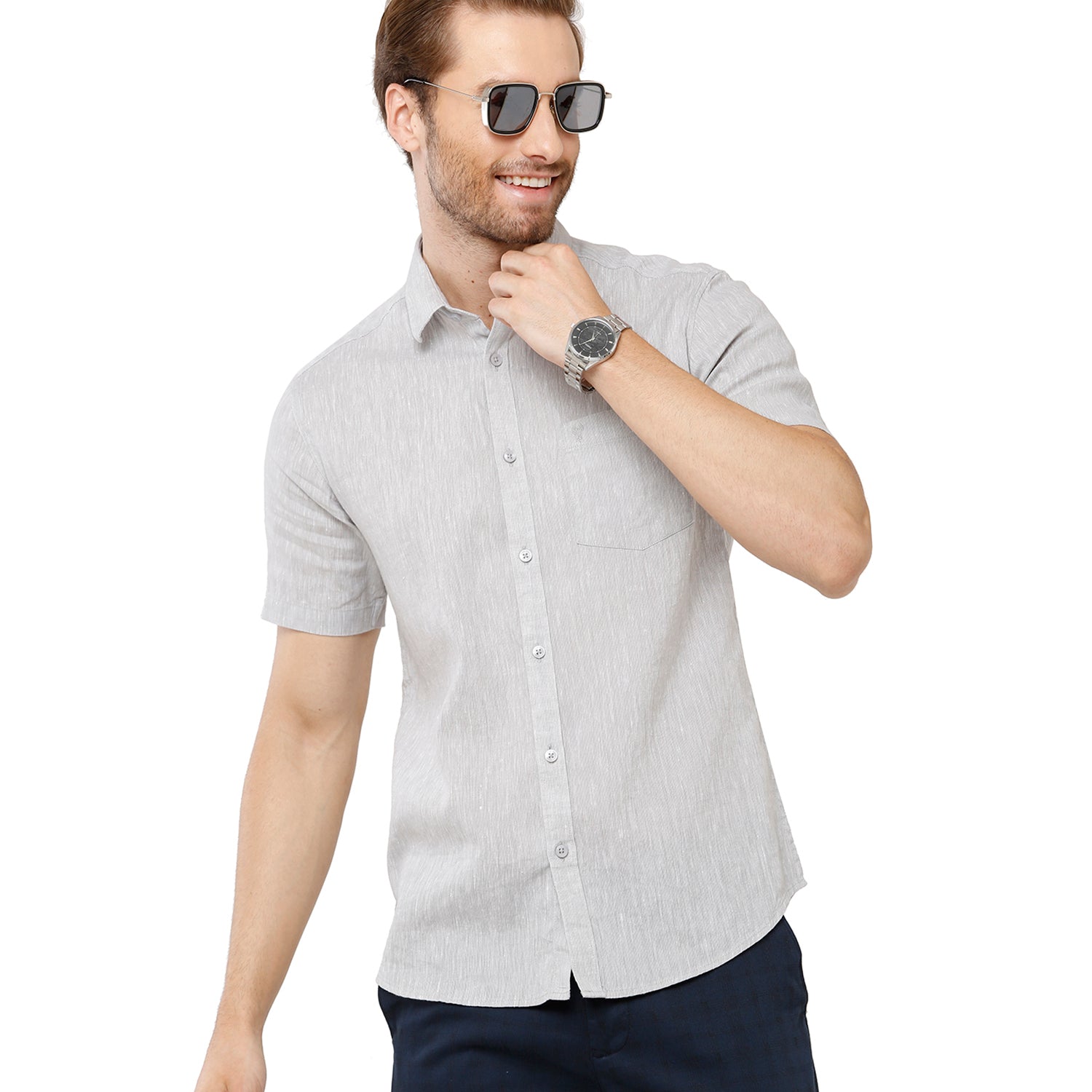 Classic Polo Mens Grey Linen Cotton Woven Shirt - Porsh Grey Shirts Classic Polo 