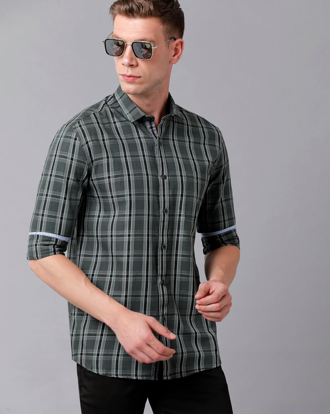 Classic Polo Men's Cotton Checked Full Sleeve Slim Fit Polo Neck Dark Grey Color Woven Shirt | Sn2-17 B