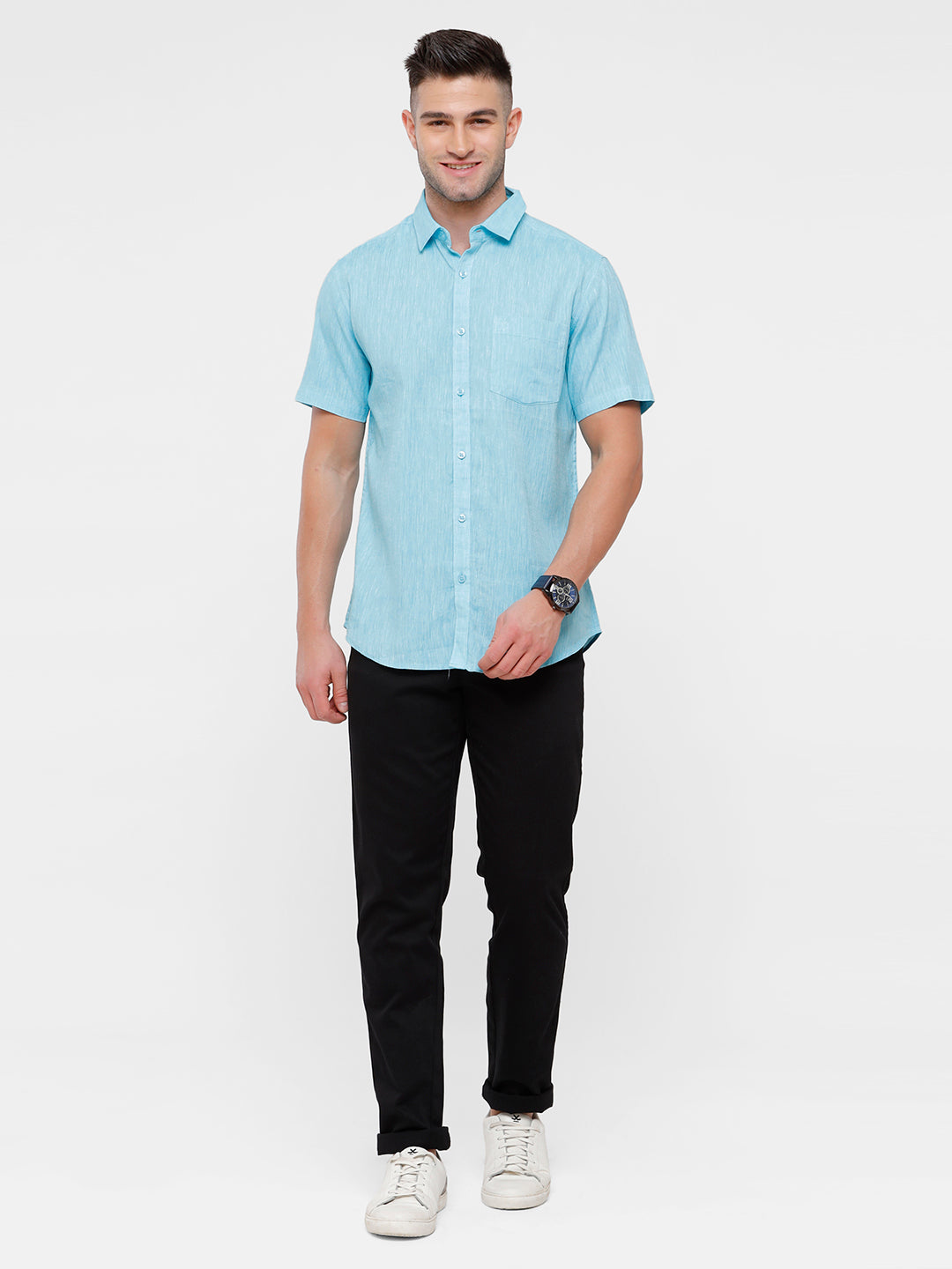 Classic Polo Mens Blue Linen Cotton Woven Shirt - Porsh Aqua HS