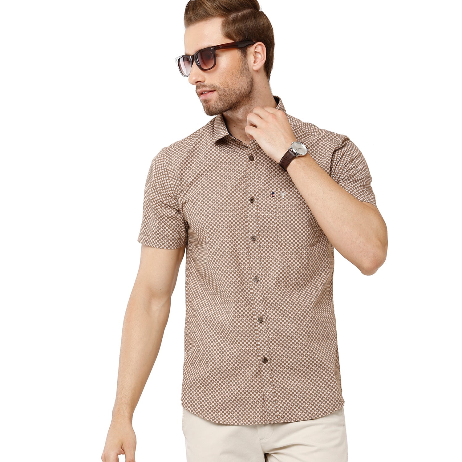 Classic Polo Mens 100% Cotton Half Sleeve Printed Slim Fit Beige Color Woven Shirt -SN1 56 B Shirts Classic Polo 