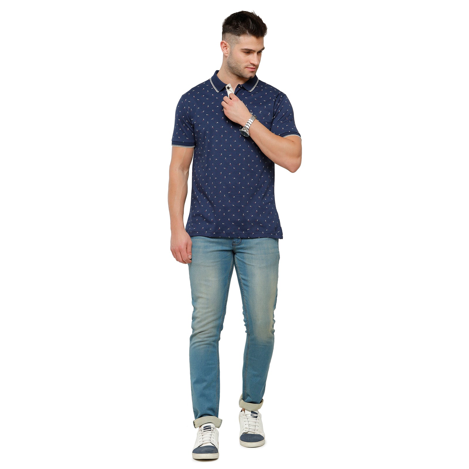 Classic Polo Mens Printed Slim Fit Polo Neck Navy Blue Colour T-Shirt - Bello 164 B T-shirt Classic Polo 
