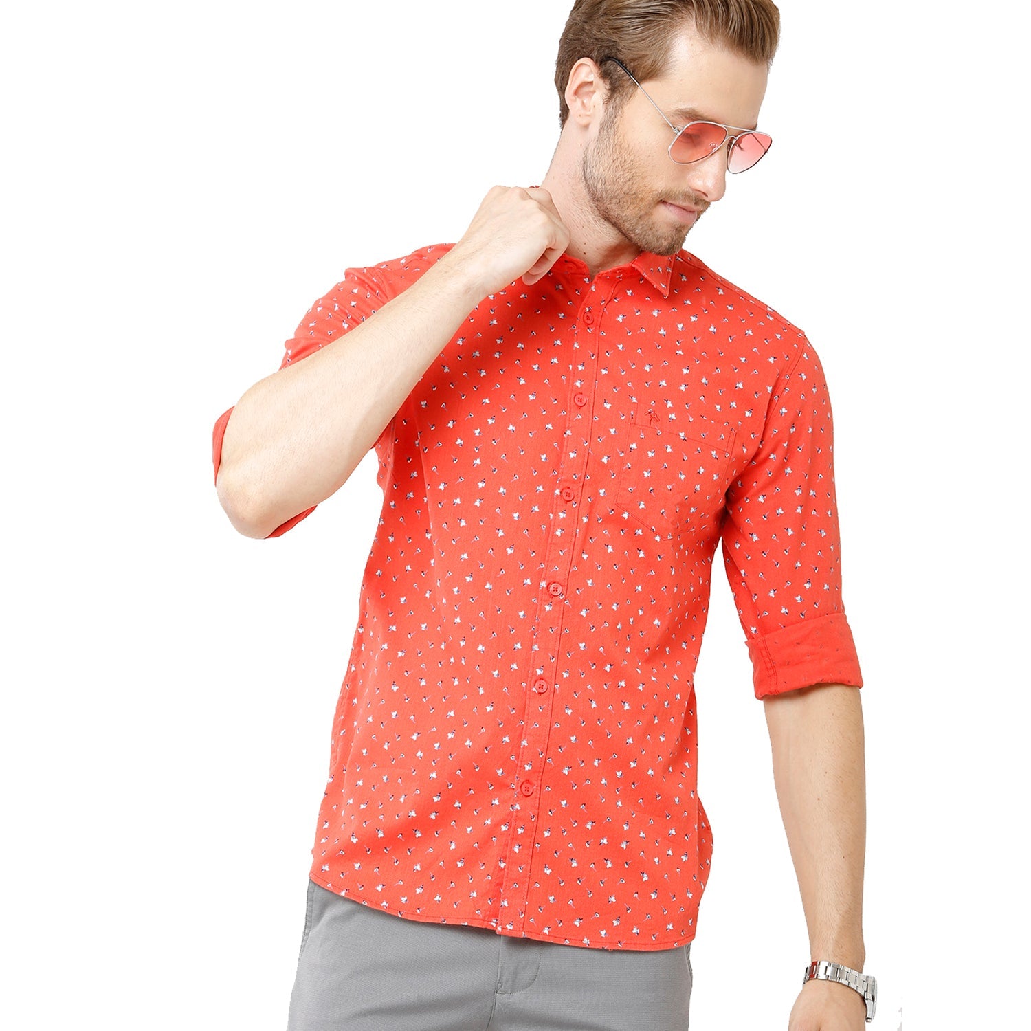 Classic Polo Bro Mens 100% Cotton Printed Full Sleeve Slim Fit Polo Neck Orange Color Woven Shirt (SBN1-72 A-FS-PRT-BSL) Classic Polo 