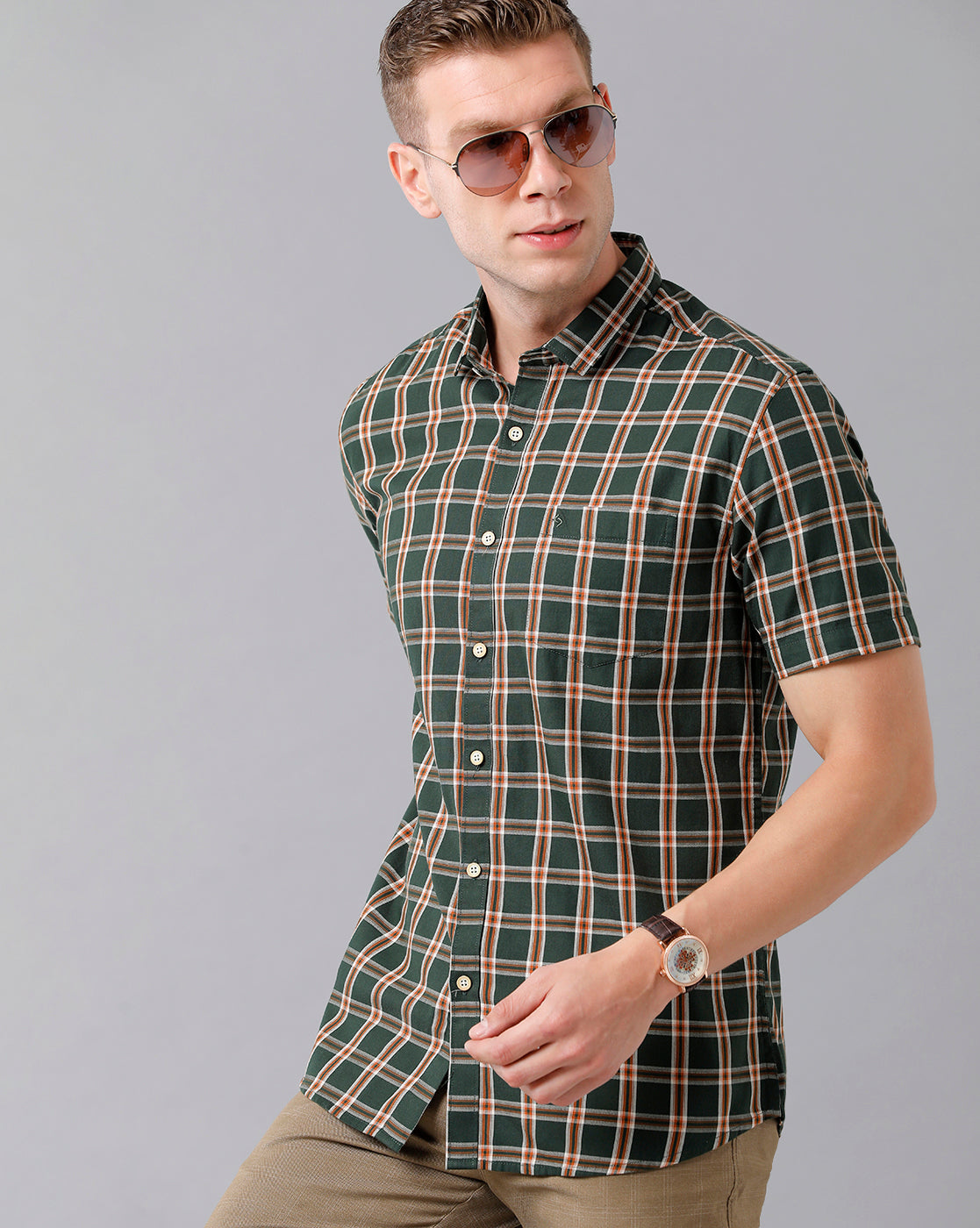 Classic Polo Men's Cotton Checked Half Sleeve Slim Fit Polo Neck Green Color Woven Shirt | Sn2-116 A
