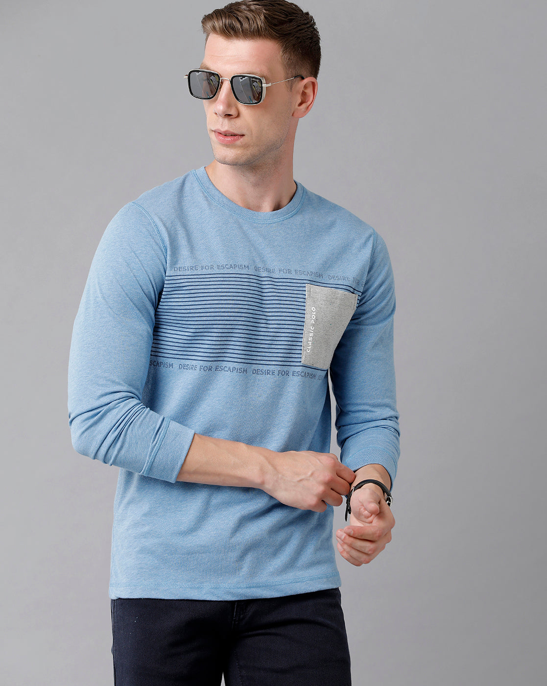 Classic Polo Men's Cotton Printed Full Sleeve Slim Fit Round Neck Blue Color T-Shirt | Baleno Fs - 478 B