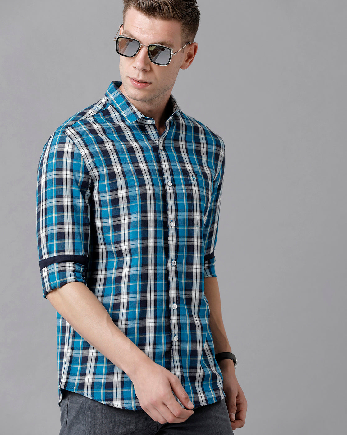 Classic Polo Men's Cotton Checked Full Sleeve Slim Fit Polo Neck Blue Color Woven Shirt | Sn2-73 B
