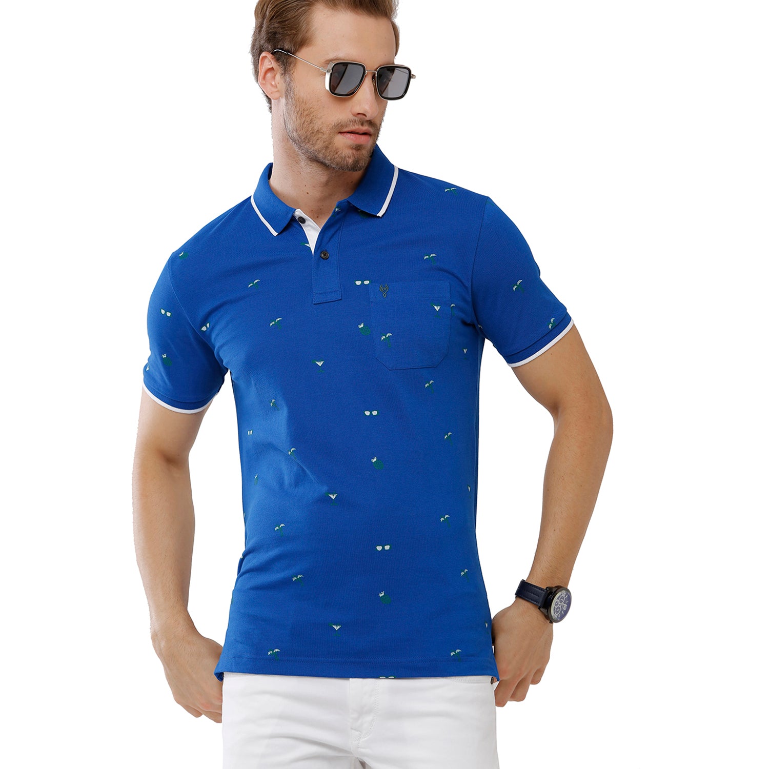 Classic Polo Mens 100% Cotton Printed Slim Fit Dark Blue Color Polo Neck T-Shirt -BEAU 168 B T-shirt Classic Polo 