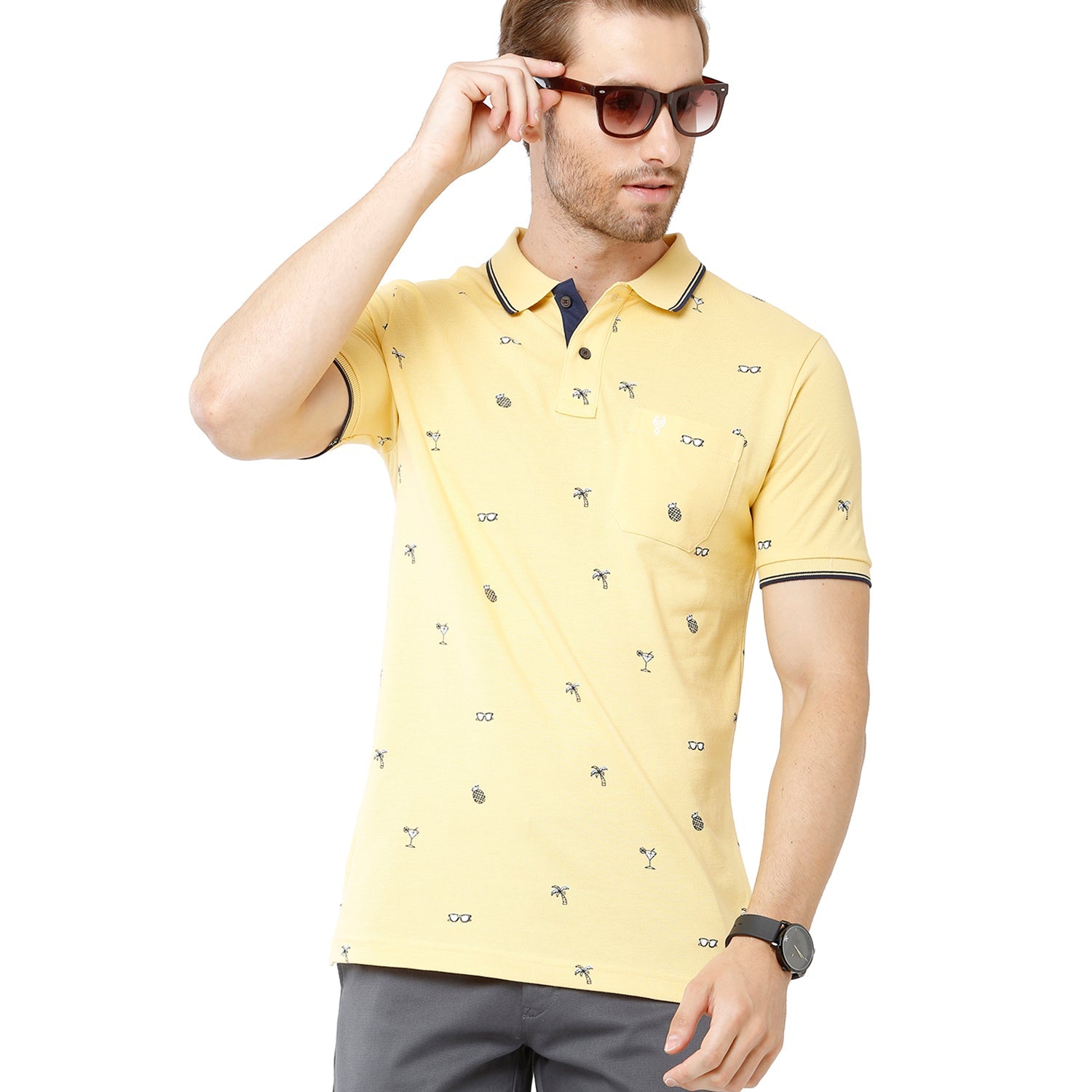 Classic Polo Mens 100% Cotton Printed Slim Fit Yellow Color Polo Neck T-Shirt -BEAU 168 A T-shirt Classic Polo 