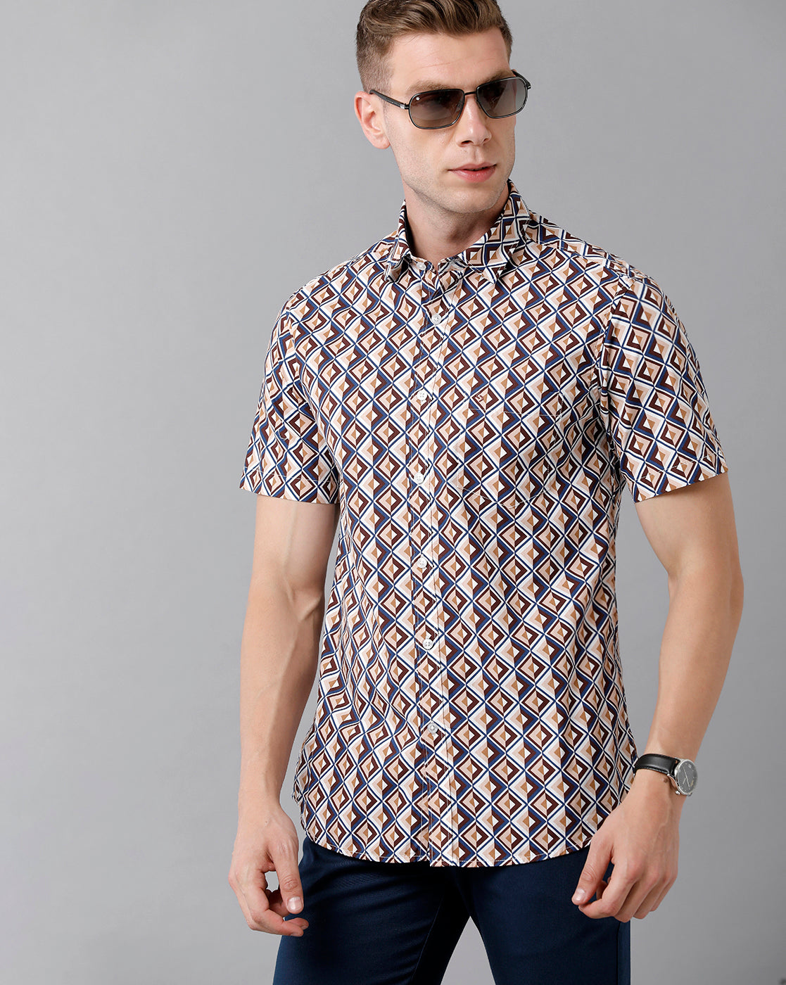 Classic Polo Men's Cotton Printed Half Sleeve Slim Fit Polo Neck Multicolor Woven Shirt | Sfd2- 26