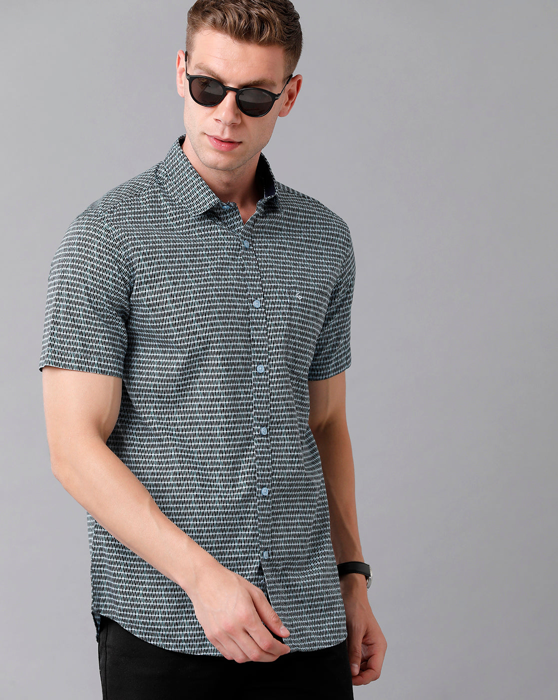 Classic Polo Men's Cotton Printed Half Sleeve Slim Fit Polo Neck Black Color Woven Shirt | Sfd2- 32