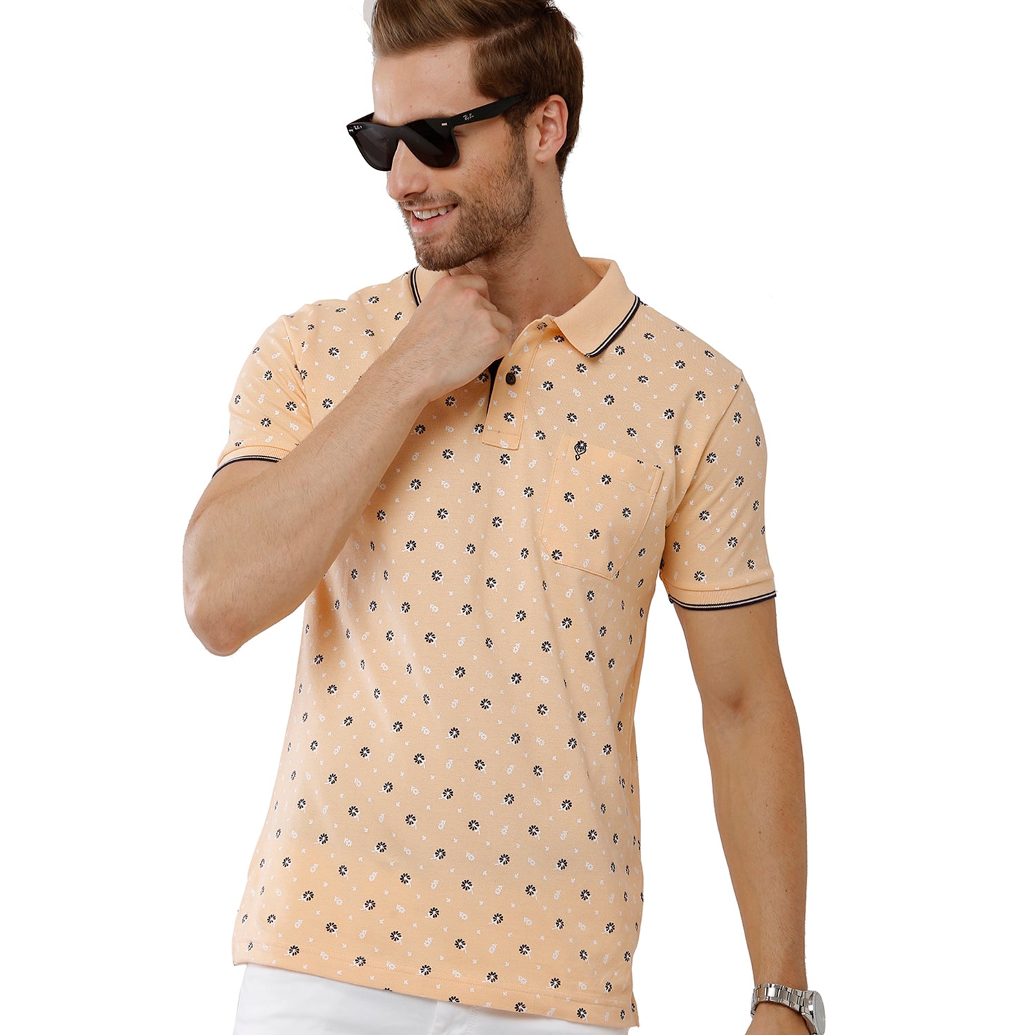 Classic Polo Mens 100% Cotton Printed Slim Fit Beige Color Polo Neck T-Shirt -BEAU 165 A T-shirt Classic Polo 