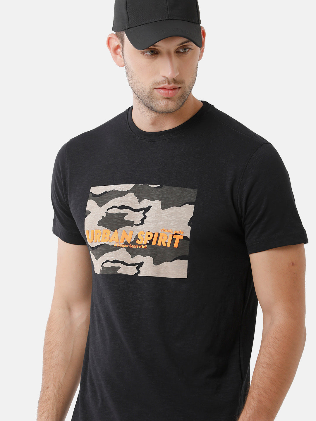 Classic Polo Mens Cotton Printed Half Sleeve Slim Fit Round Neck Black Color T-Shirt | Baleno 406 A