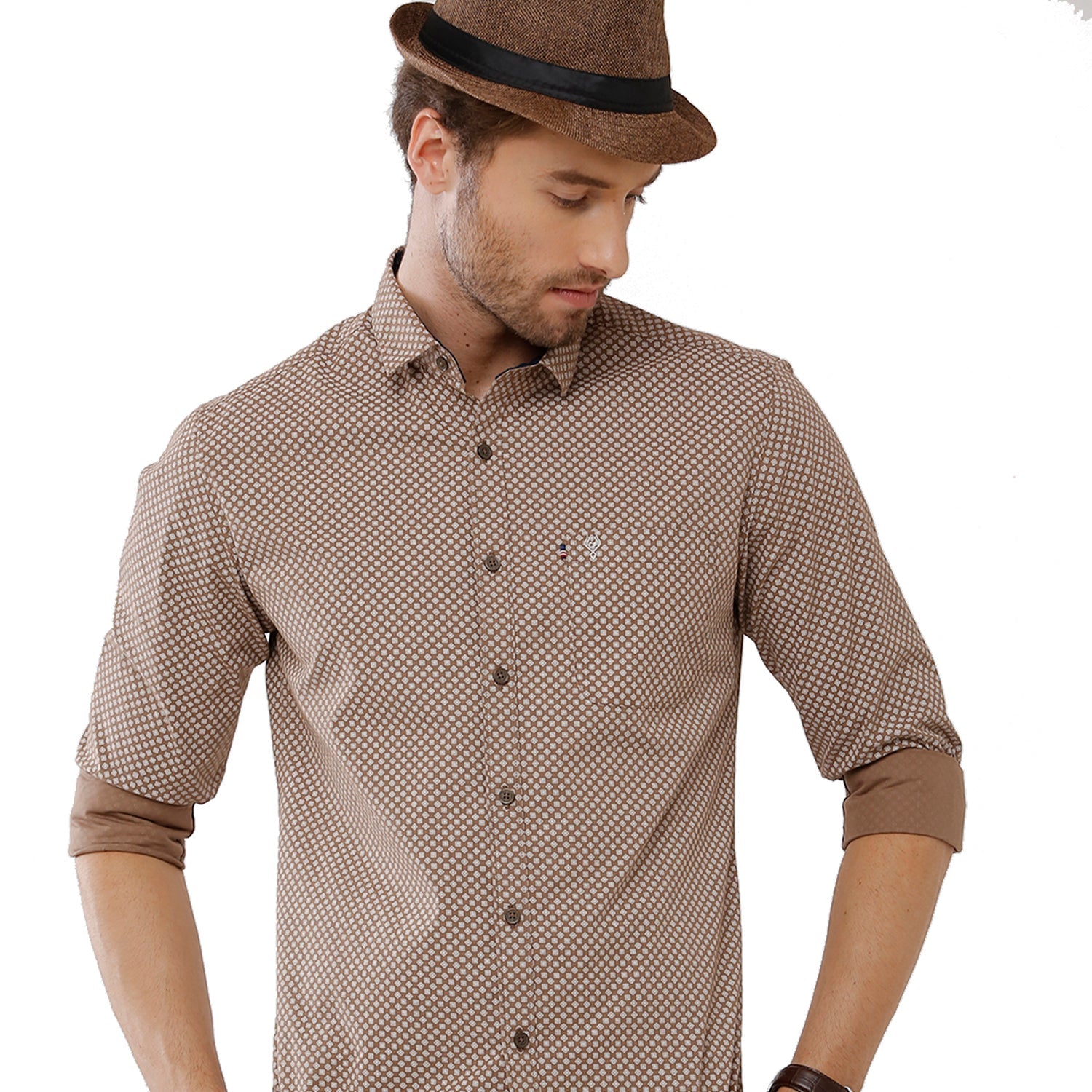 Classic Polo Mens 100% Cotton Full Sleeve Printed Slim Fit Beige Woven Shirt -SN1 56 B Shirts Classic Polo 