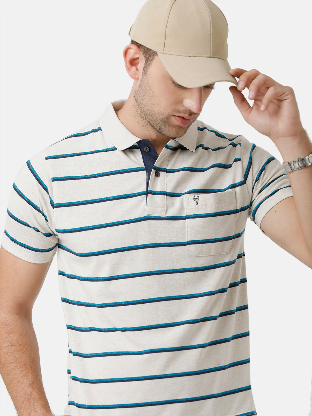 Classic Polo Mens Cotton Striped Half Sleeve Authentic Fit Polo Neck White Color T-Shirt | M.Flash 16