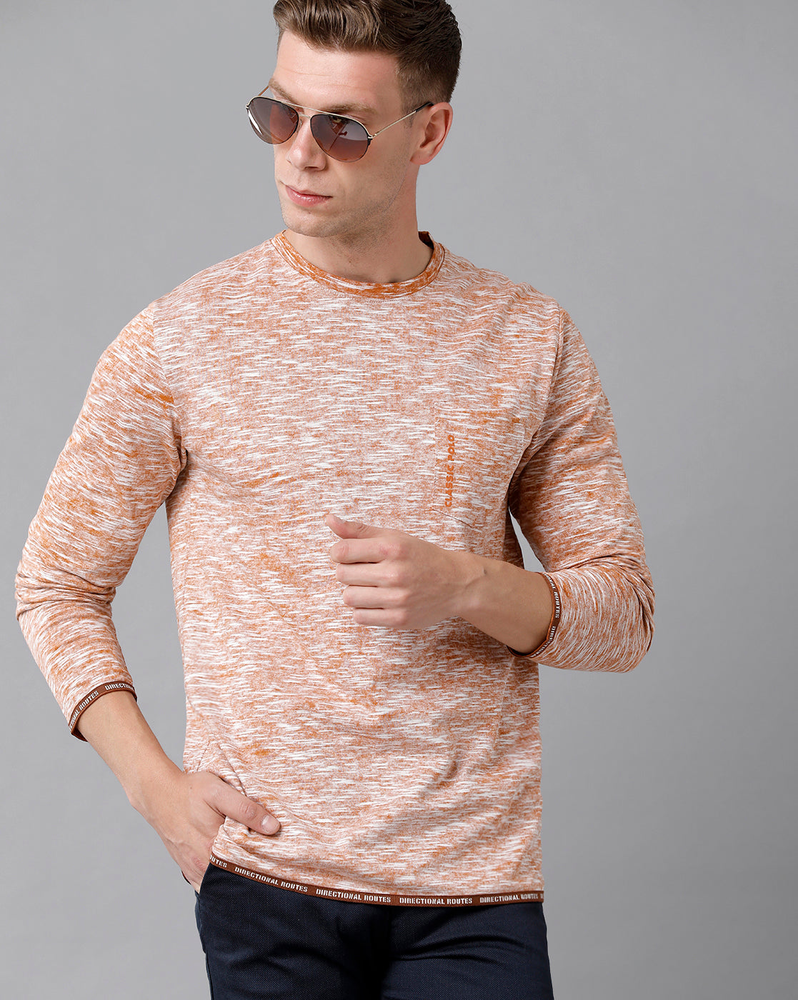 Classic Polo Men's Cotton Self Design Full Sleeve Slim Fit Round Neck Peach Color T-Shirt | Baleno Fs - 481 B