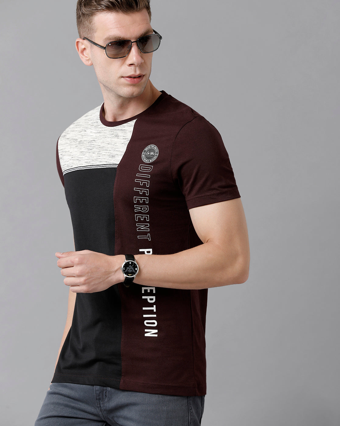CP BRO Men's Cotton Color Block Half Sleeve Slim Fit Round Neck Multicolor T-Shirt | Brcn - 489 B