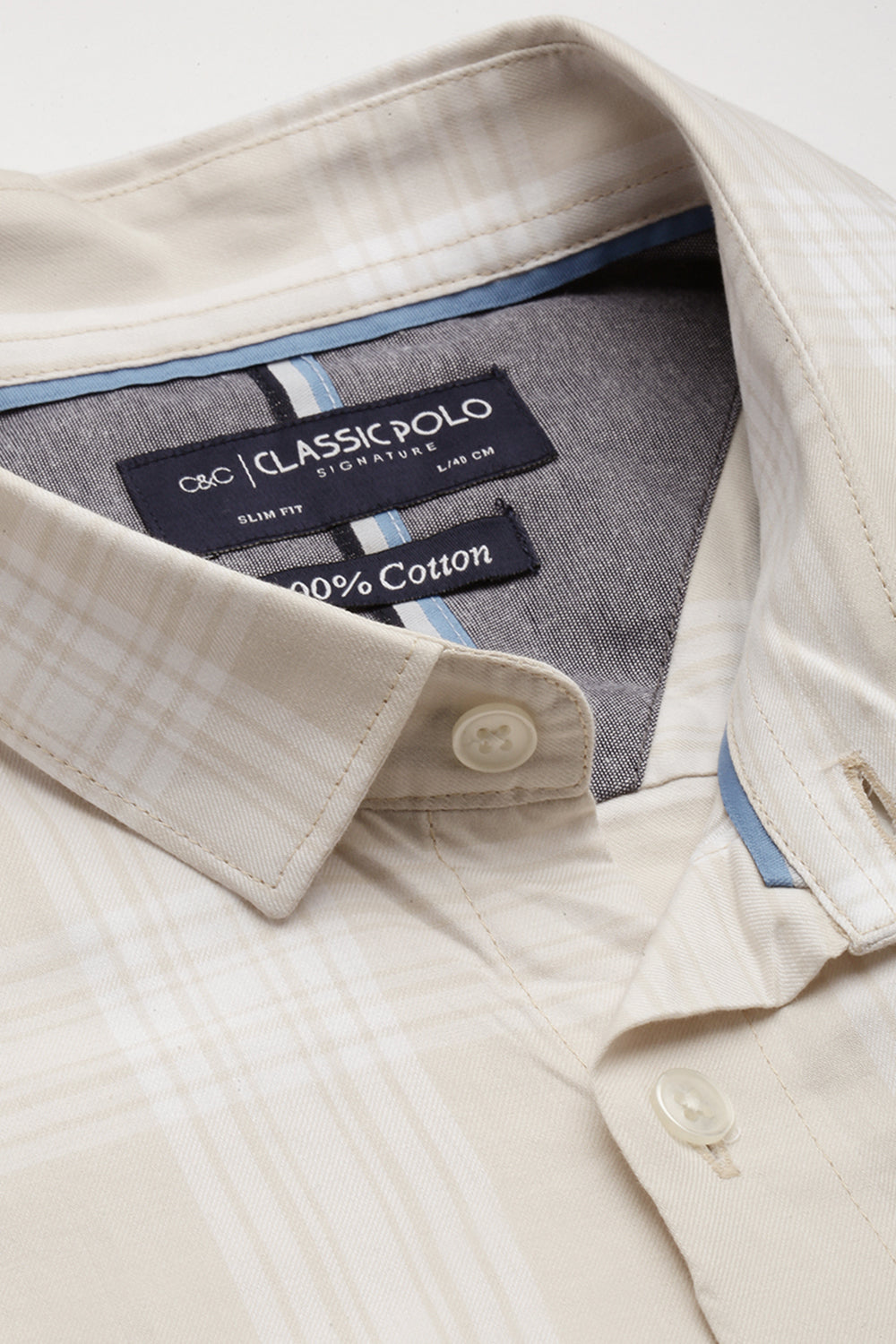 Classic Polo Men's Cotton Full Sleeve Checked Slim Fit Polo Neck Cream Color Woven Shirt | So1-46 B