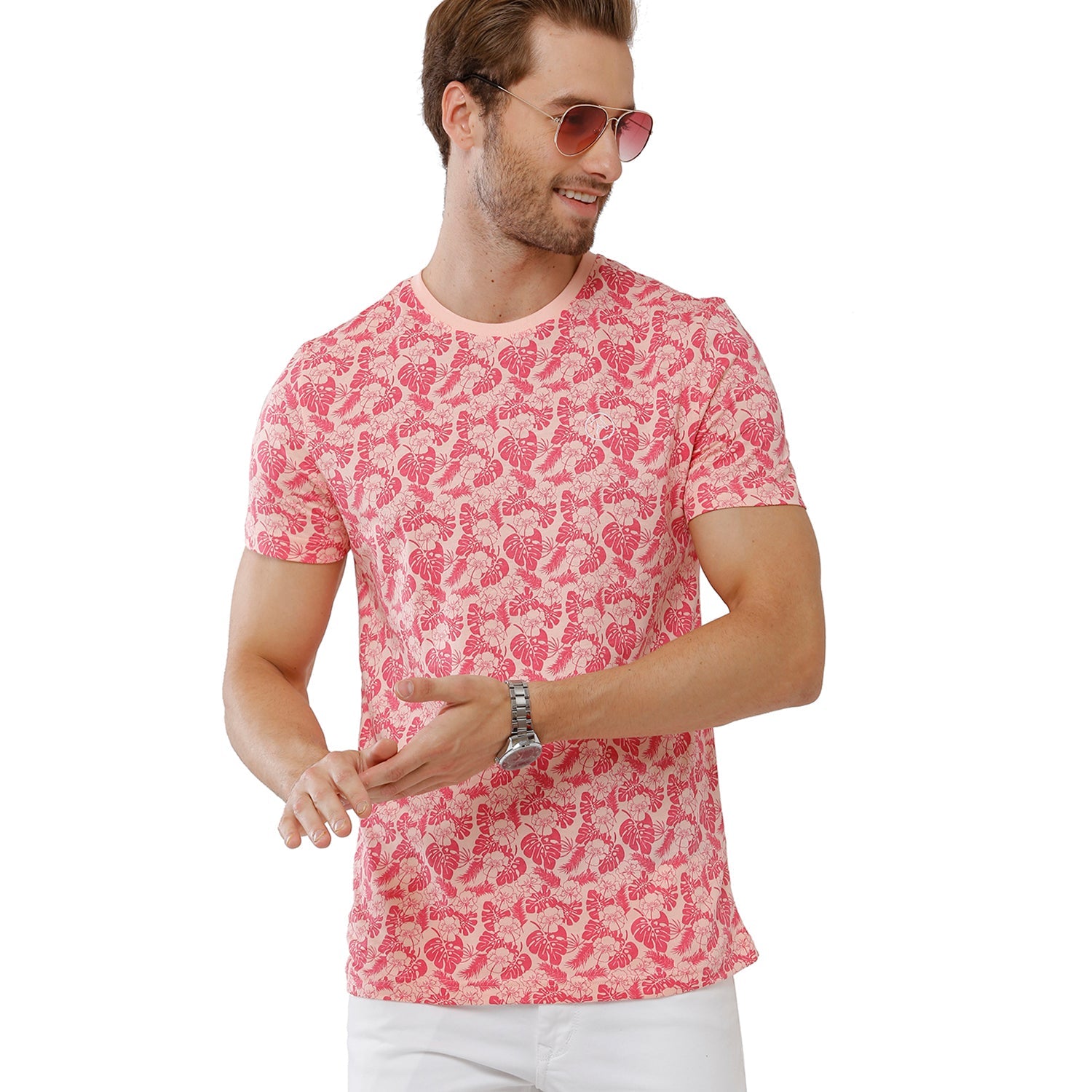 Classic Polo Bro Mens 100% Cotton Printed Half Sleeve Slim Fit Crew Neck Pink Color T-Shirt (BRCN - 475 A SF C) Classic Polo 