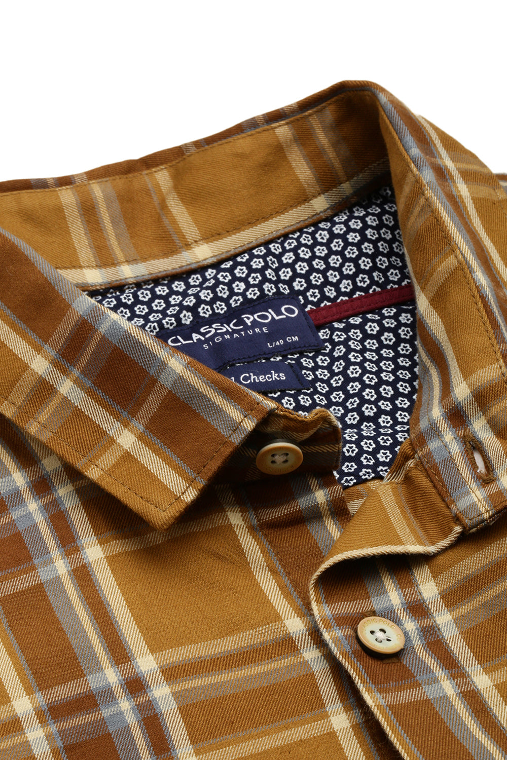 Classic Polo Men's Cotton Full Sleeve Checked Slim Fit Polo Neck Khaki Color Woven Shirt | So1-161 A