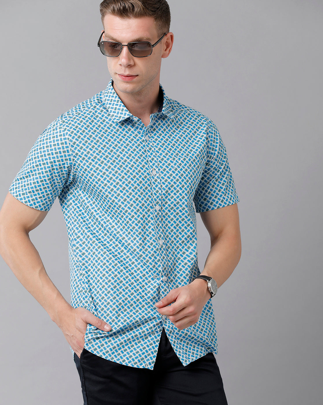 Classic Polo Men's Cotton Printed Half Sleeve Slim Fit Polo Neck Blue Color Woven Shirt | Sfd2- 19