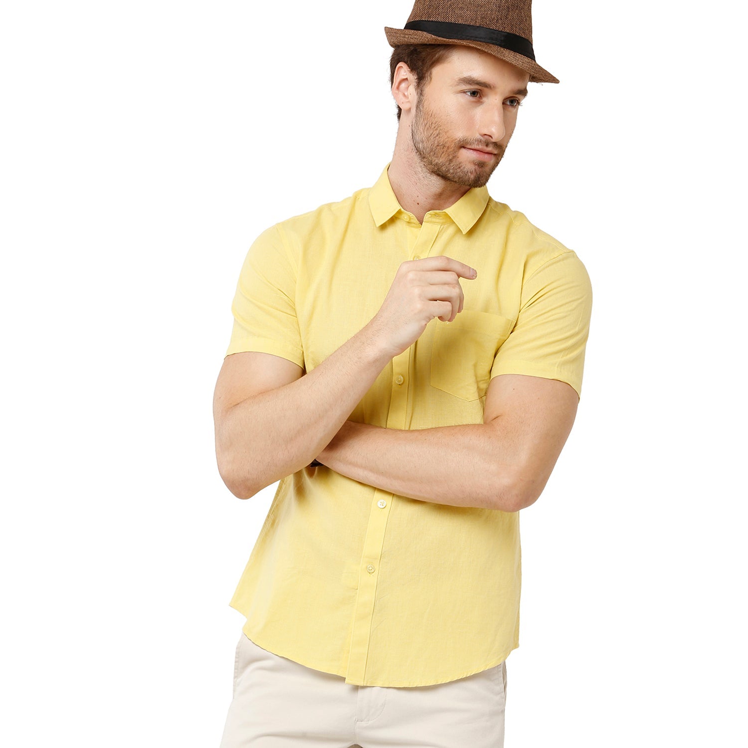 Classic Polo Mens Solid Milano Fit Woven Shirt -Mica Yellow Shirts Classic Polo 