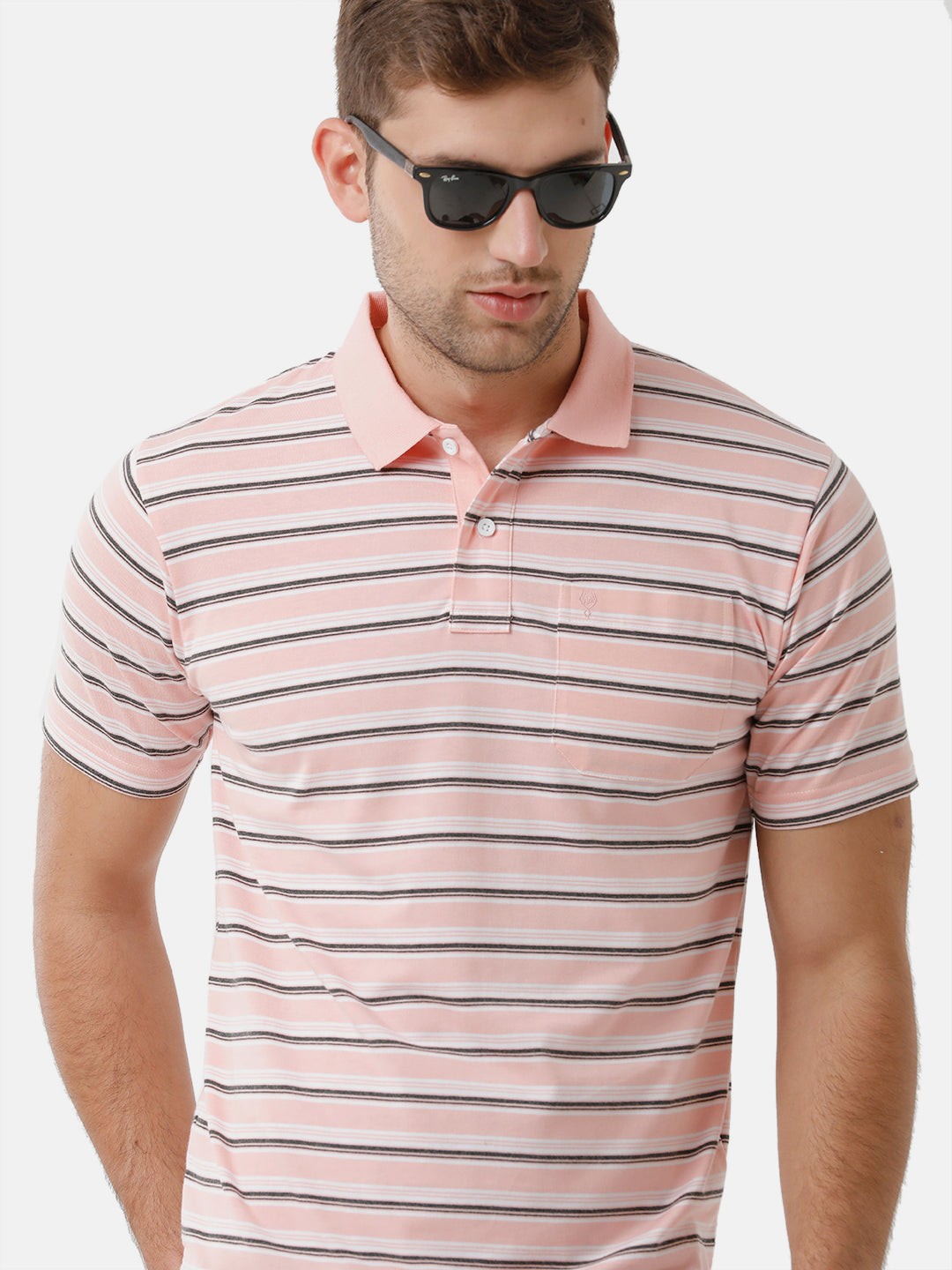 Classic Polo Mens Cotton Striped Half Sleeve Authentic Fit Polo Neck Peach Color T-Shirt | F.Flash 20
