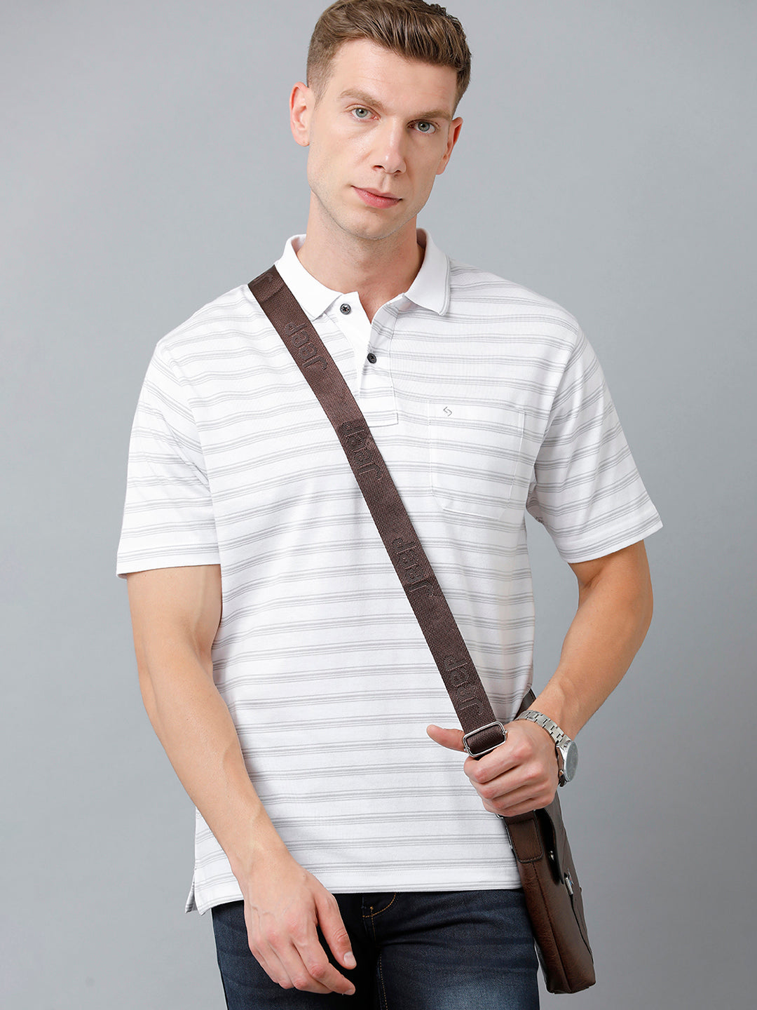 Classic Polo Men's Cotton Half Sleeve Striped Authentic Fit Polo Neck White Color T-Shirt | Feeders - 223 A