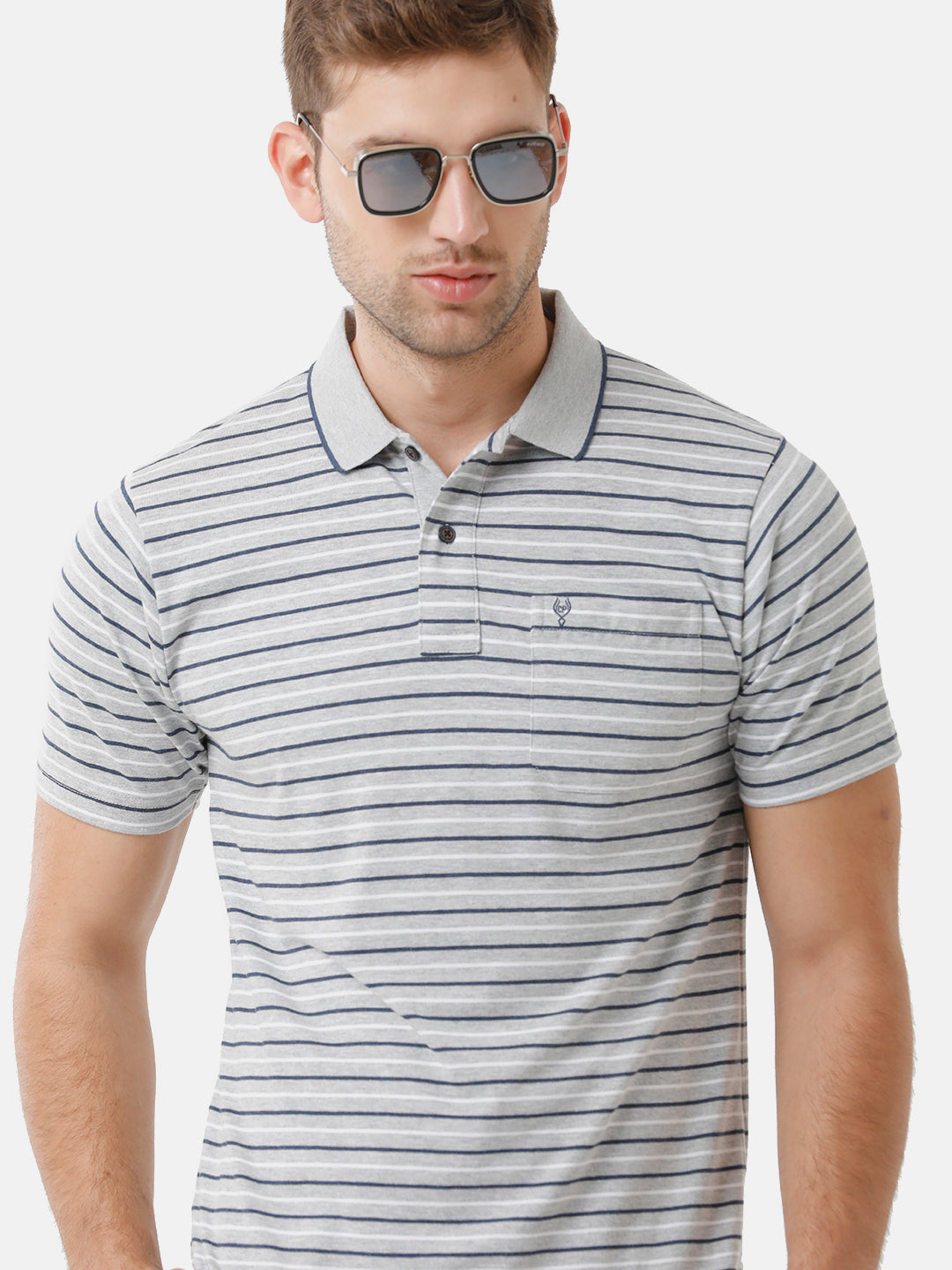 Classic Polo Mens Cotton Striped Half Sleeve Authentic Fit Polo Neck Grey Color T-Shirt | F.Flash 04