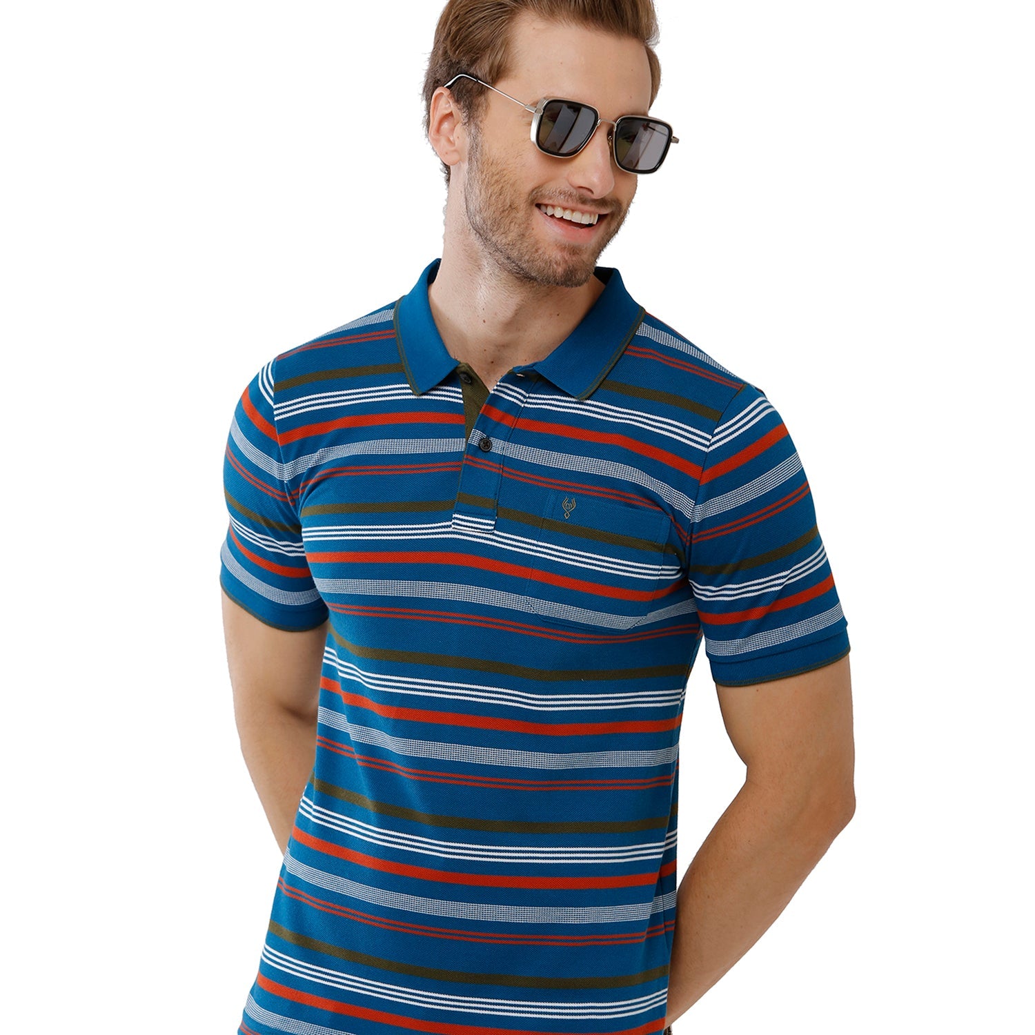 Classic Polo Mens Cotton Navy & Red Color Striped Slim Fit Polo Neck T-Shirt - Adore 165 B T-shirt Classic Polo 