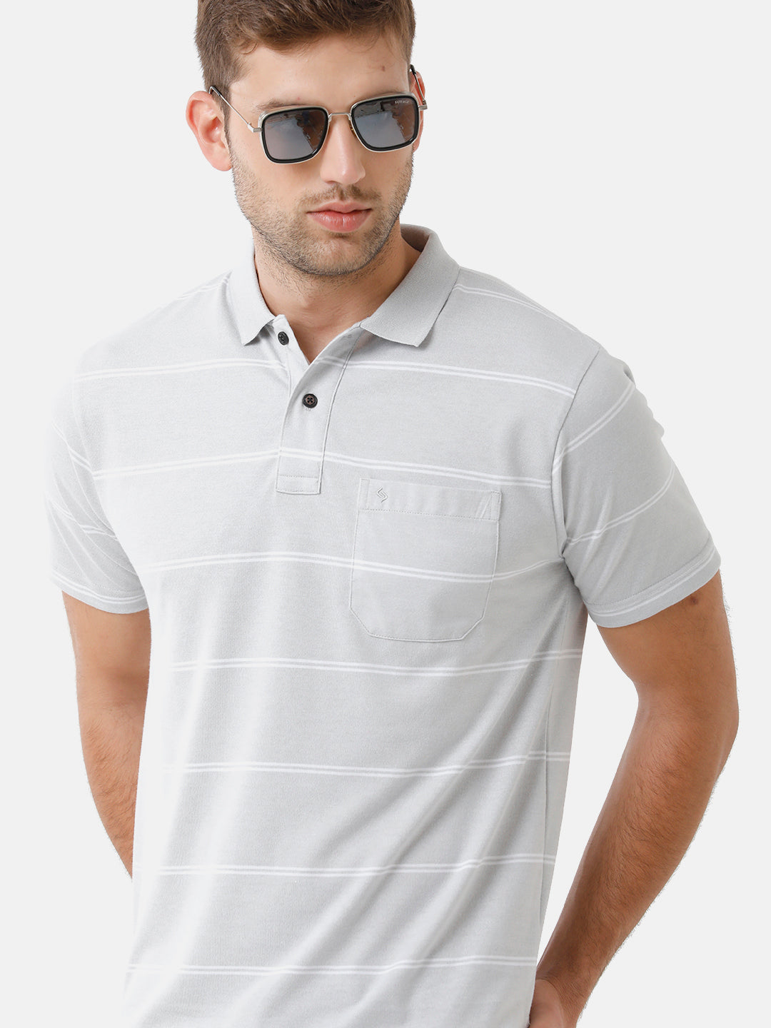 Classic Polo Mens Cotton Blend Striped Half Sleeve Authentic Fit Polo Neck Light Grey Color T-Shirt | Avon 491 B